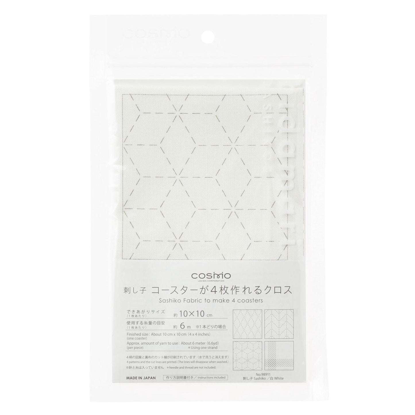 The image is a product packaging for a fabric with a geometric pattern, specifically designed for making coasters.