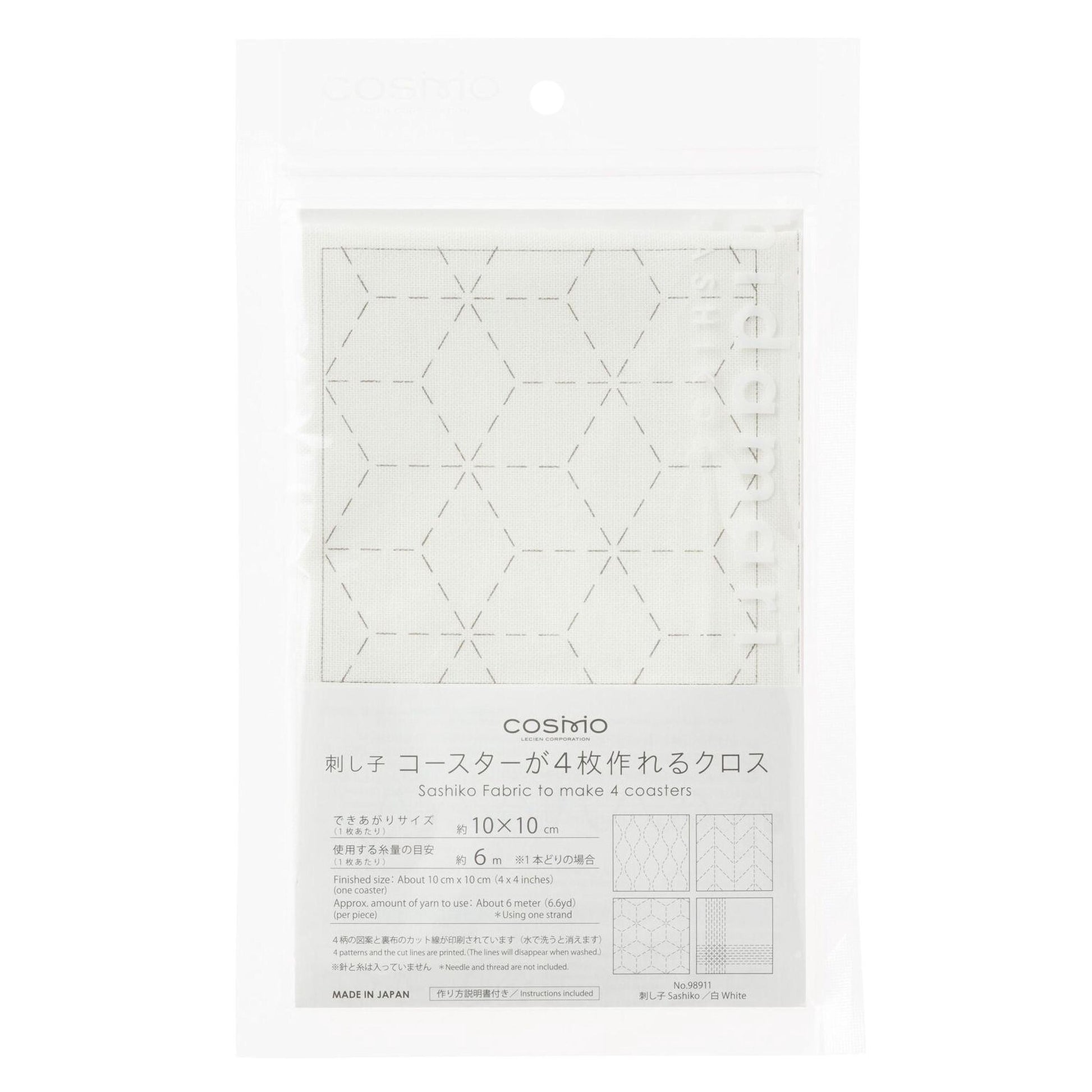 The image is a product packaging for a fabric with a geometric pattern, specifically designed for making coasters.
