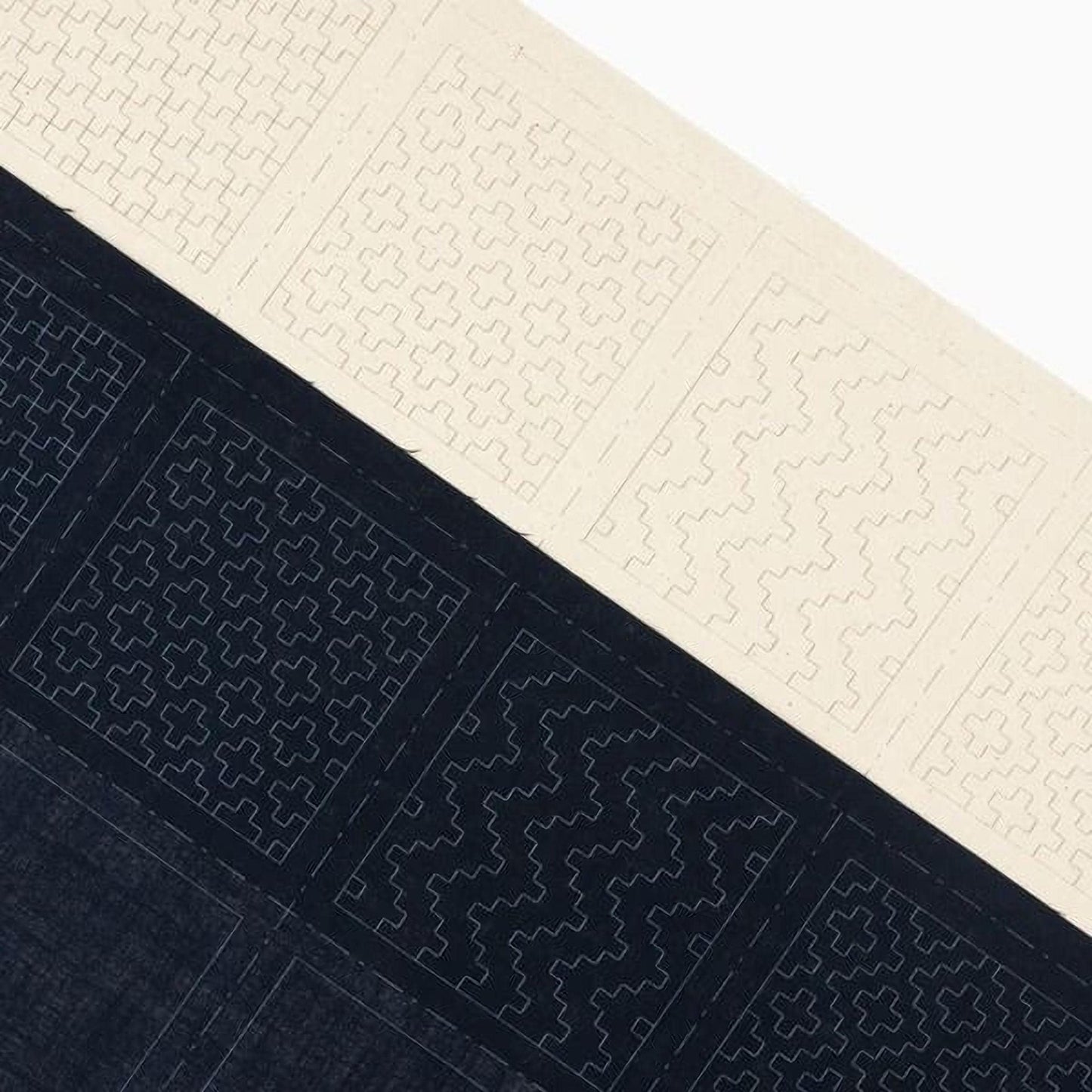 a close-up view of a fabric with a repeating pattern of zigzag lines in black and white.