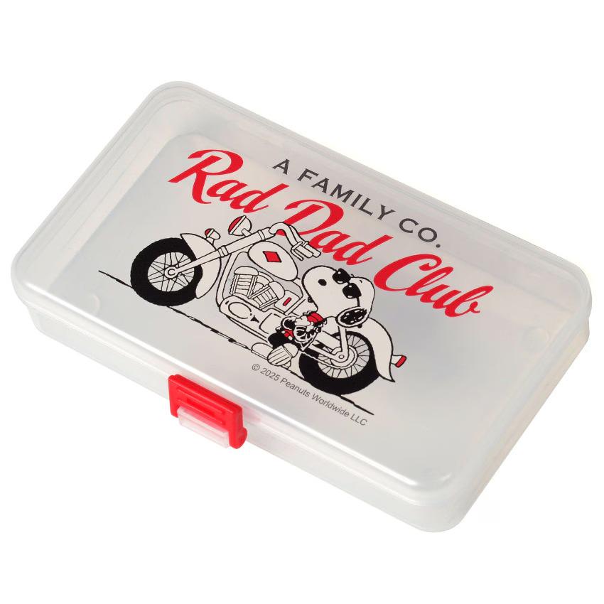 A plastic container with a design featuring a cartoon image of a motorcycle and the text "A FAMILY RAD CLUB" printed on it.