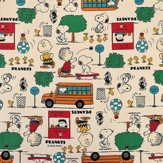 The image is a repeating pattern featuring various Peanuts characters and objects, such as a school bus, a tree, and a hot air balloon.