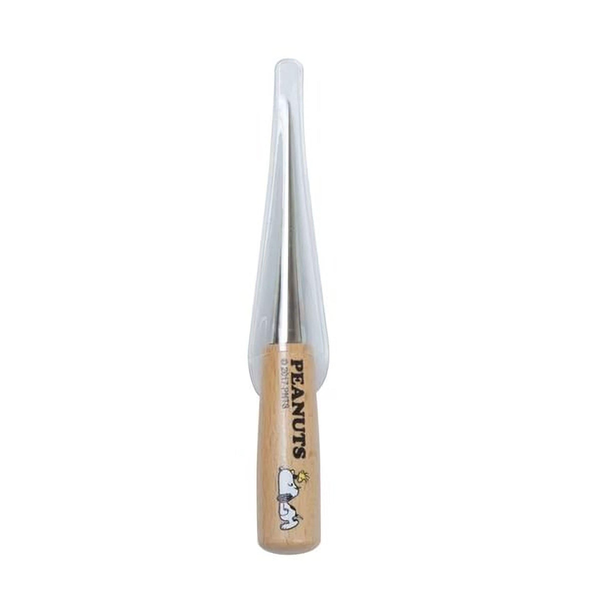 A Peanuts-themed tool with a wooden handle and a clear plastic blade.