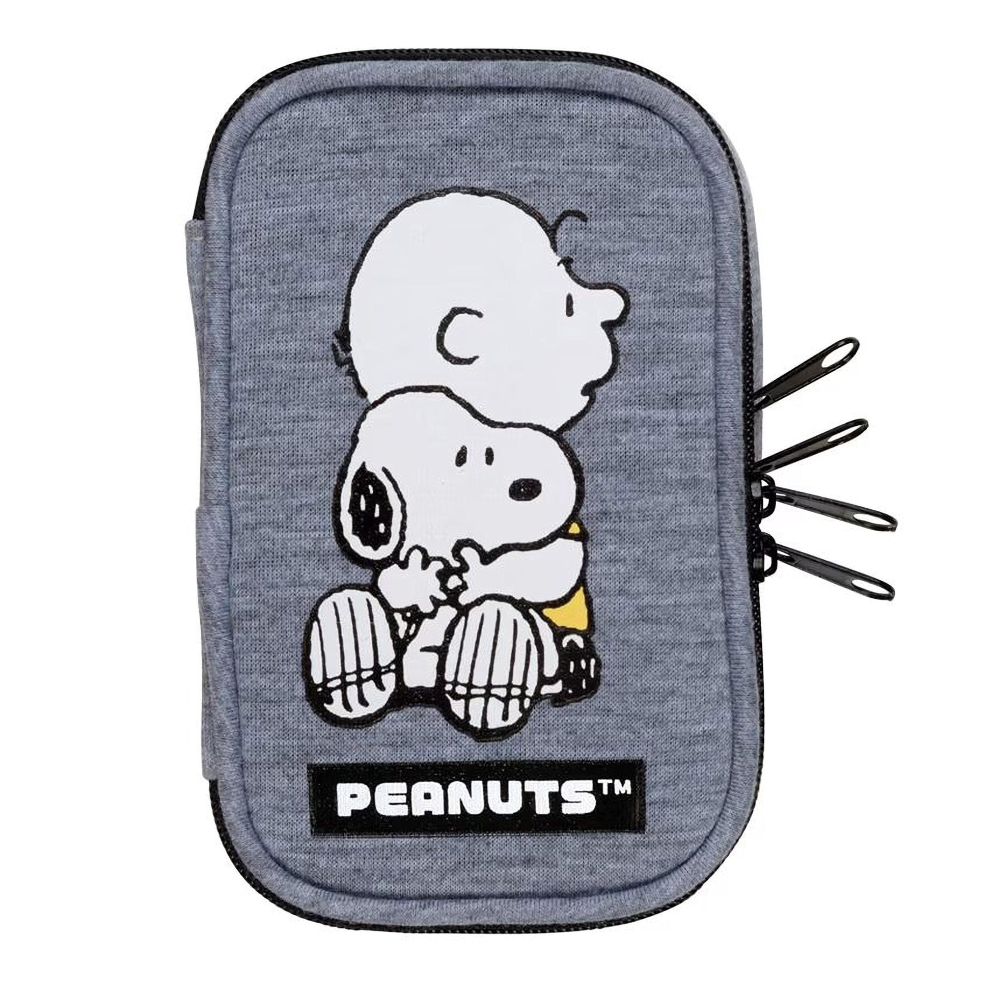 A gray pencil case featuring a cartoon image of the Peanuts characters, including Snoopy and Charlie Brown.