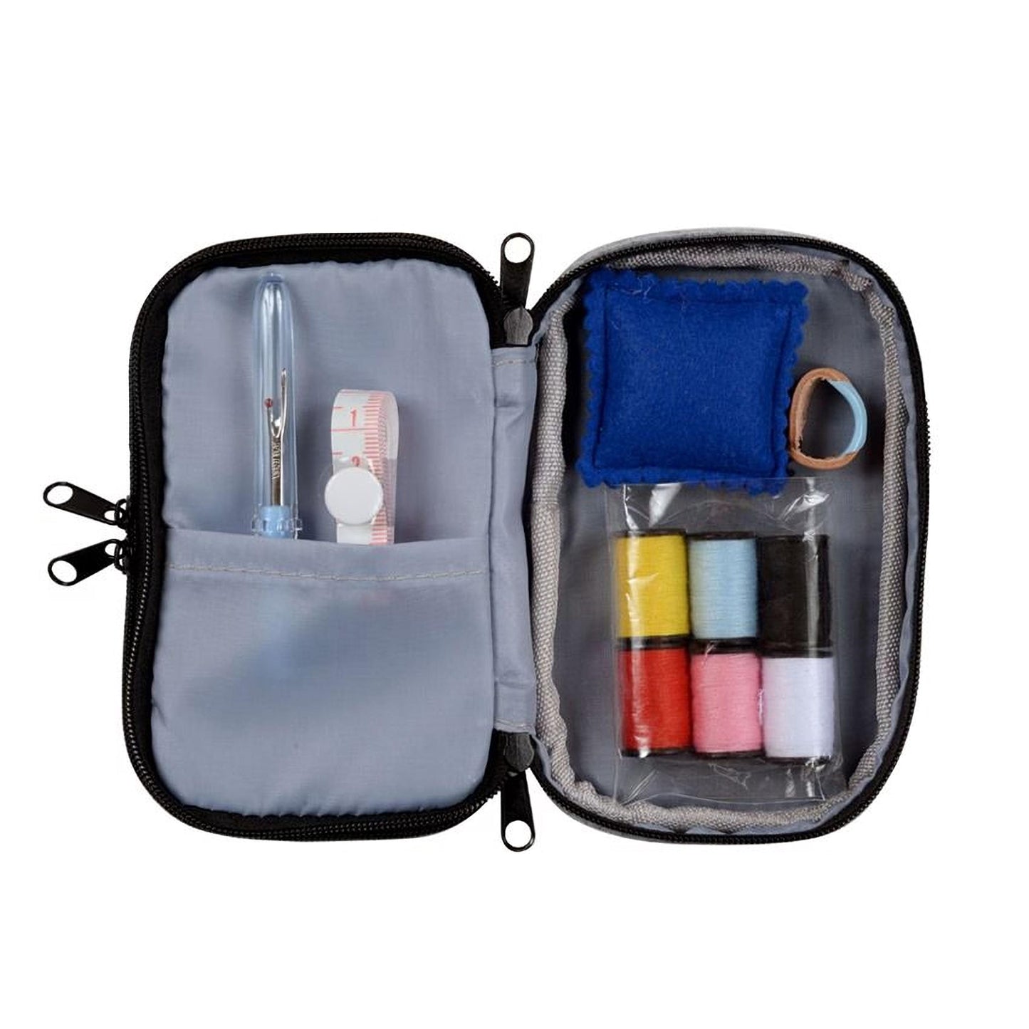 A gray and black sewing kit containing various sewing tools and supplies, including a blue fabric, a pair of scissors, and a spool of thread in different colors.