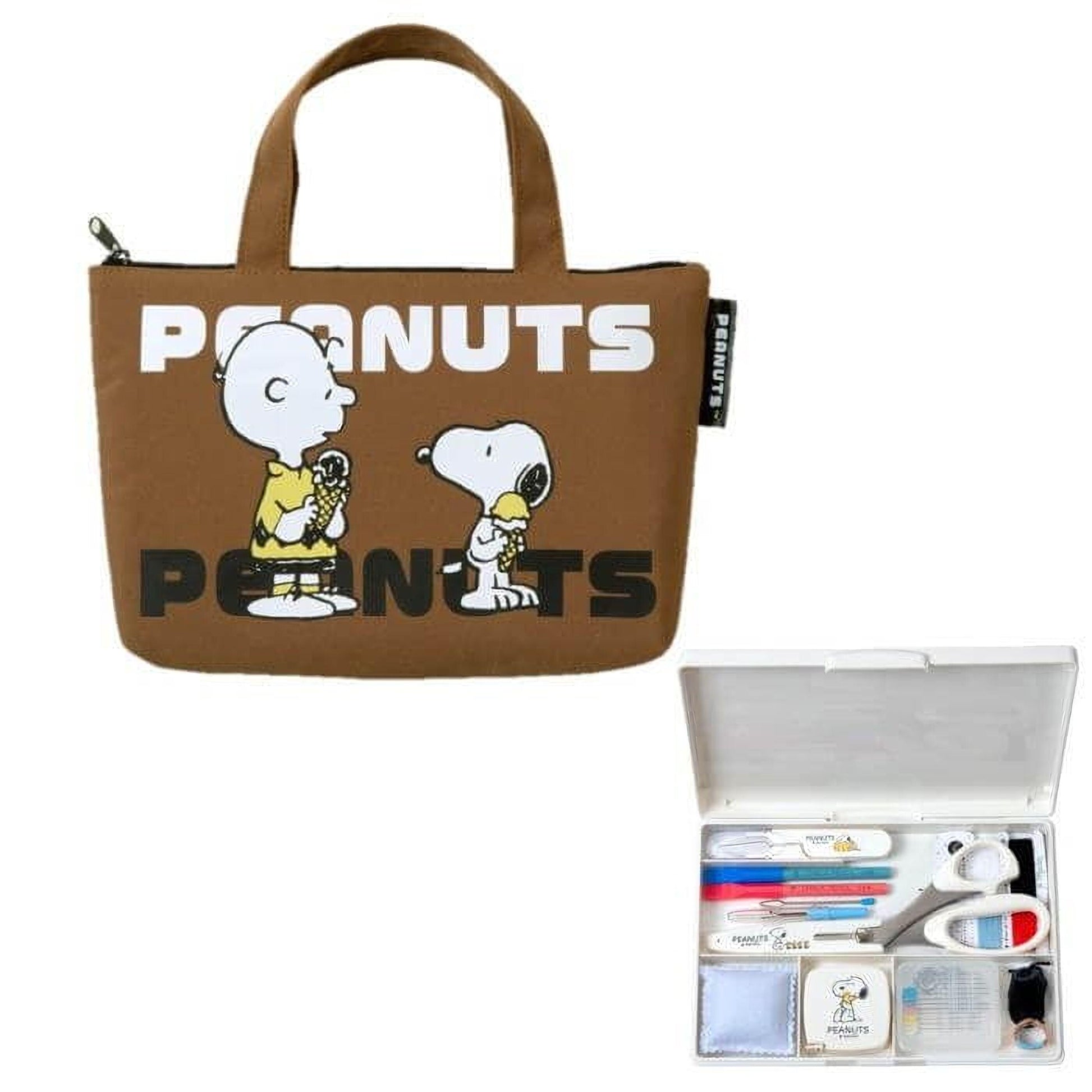 A brown tote bag with the text "PEANUTS" printed on it, along with two cartoon characters from the Peanuts comic strip. The bag is placed next to an open plastic organizer containing various items, such as a toothbrush, toothpaste, and other personal care products.