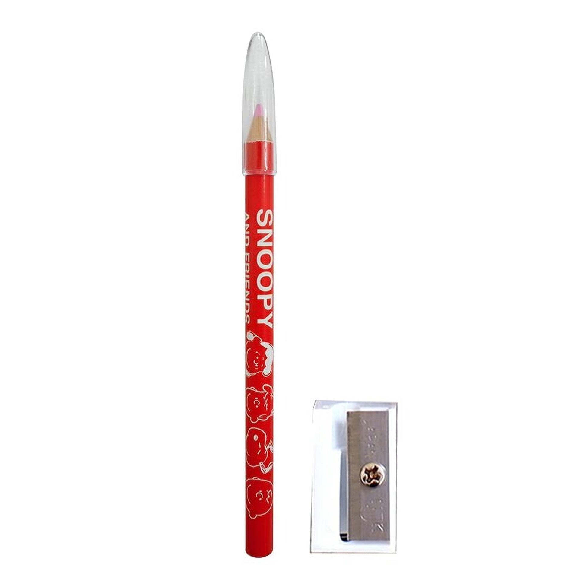 A red pencil with a cartoon character design and a pencil sharpener are shown in the image.
