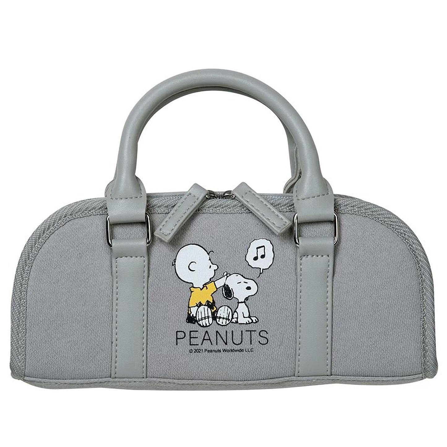 A gray handbag with a cartoon image of the Peanuts characters Charlie Brown and Snoopy on it.