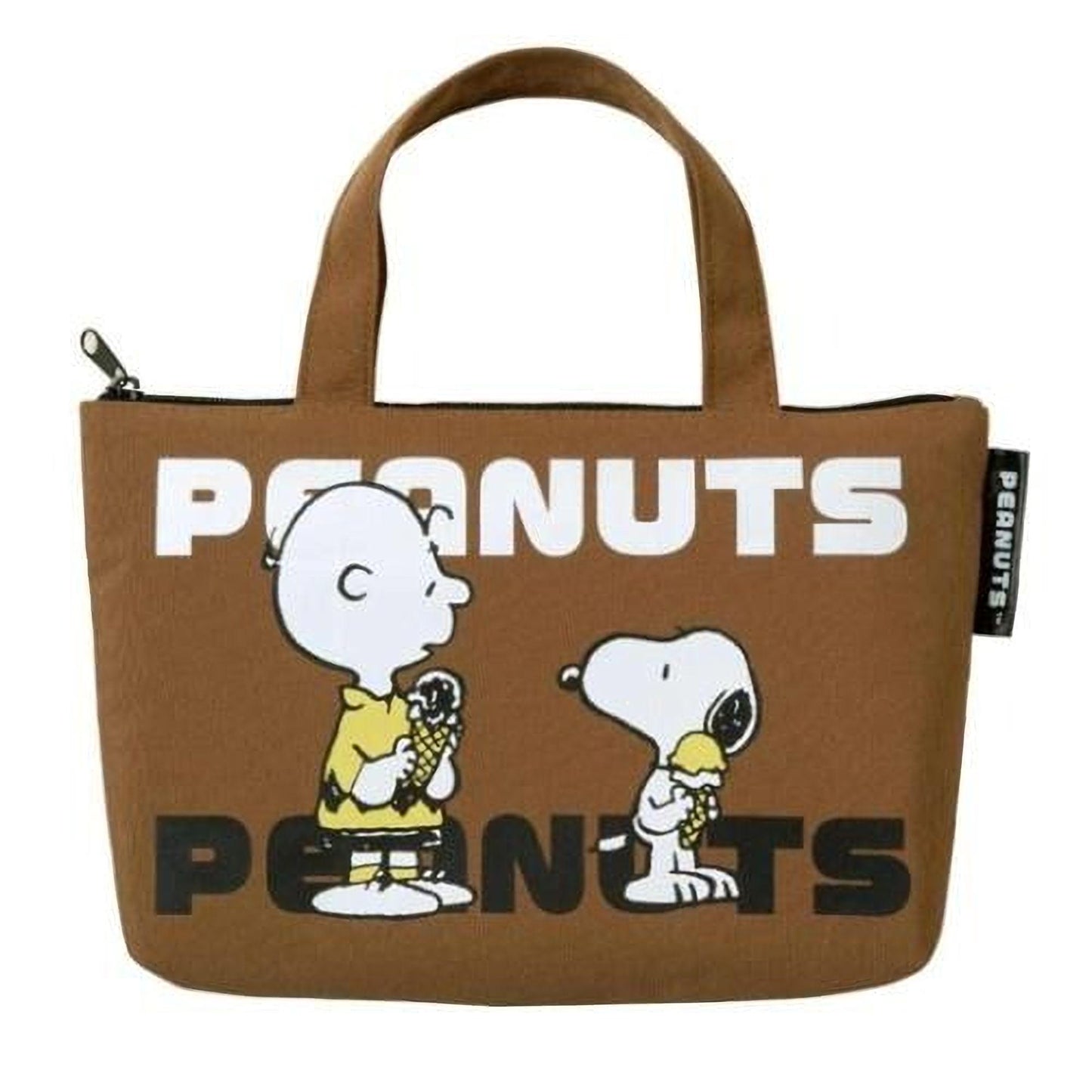 A brown tote bag featuring the characters from the Peanuts comic strip, including Snoopy and Charlie Brown, holding ice cream cones.
