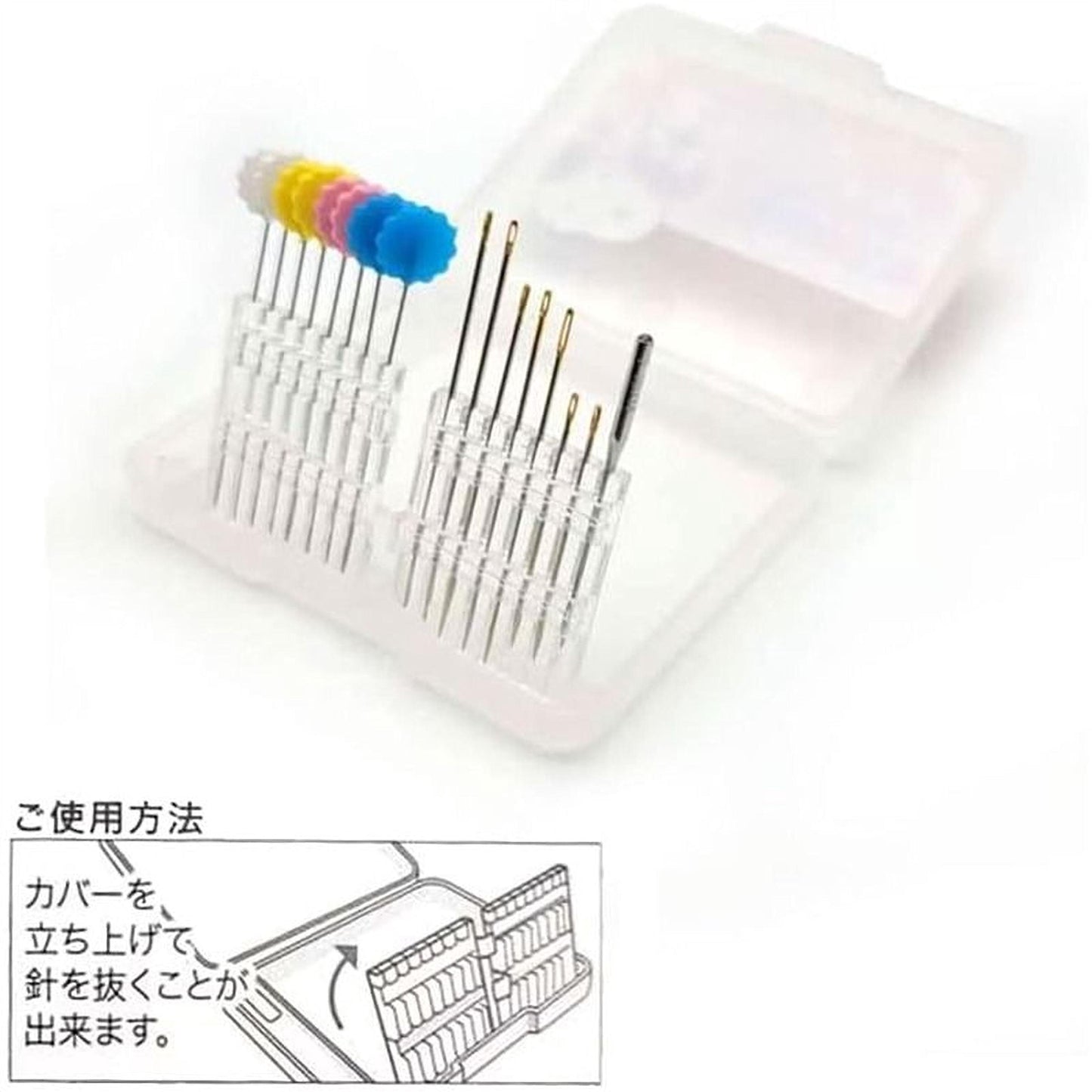 a clear plastic container with multiple needles of various sizes, arranged in rows. The container is open, revealing the needles inside. There is also a small illustration of the container and needles on the right side of the image.