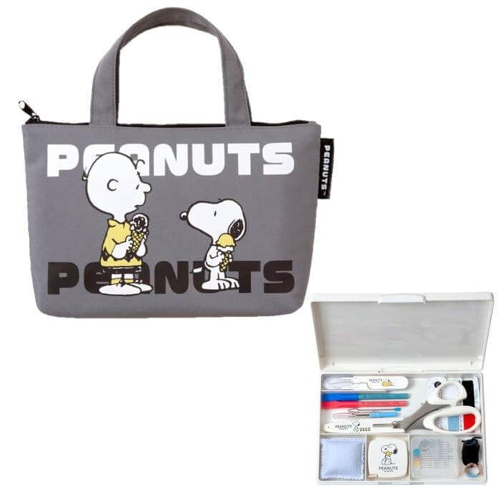 A gray tote bag with the text "PEANUTS" printed on it, along with an illustration of two characters from the Peanuts comic strip. Next to the bag is a small white box containing various items, including a toothbrush, toothpaste, and other personal care products.