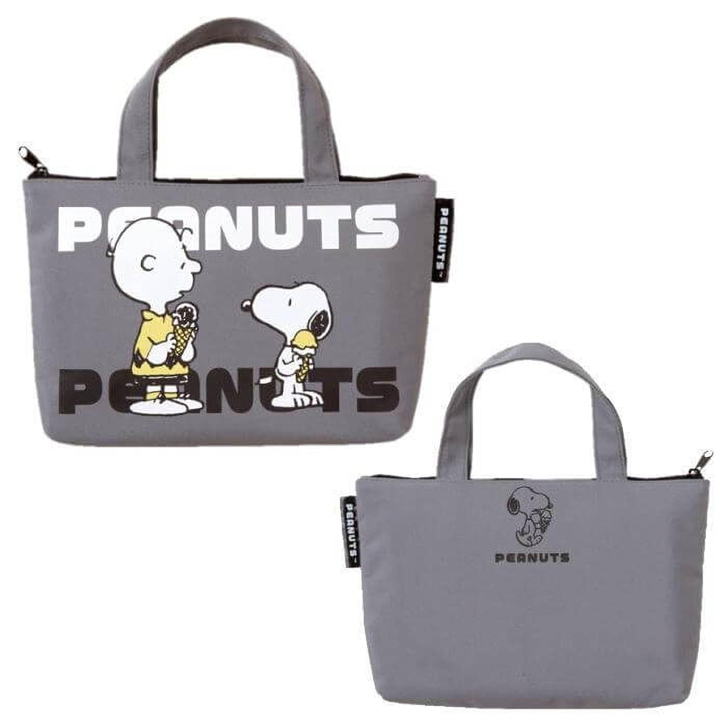 two gray tote bags with the Peanuts logo and cartoon characters from the Peanuts television series.