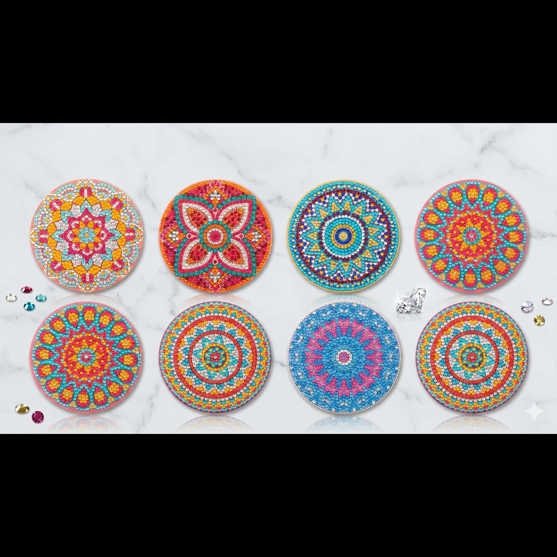 a collection of eight circular coasters or magnets with intricate, colorful, and symmetrical designs. The coasters are arranged in a grid-like pattern on a marble background, showcasing a variety of patterns and colors.