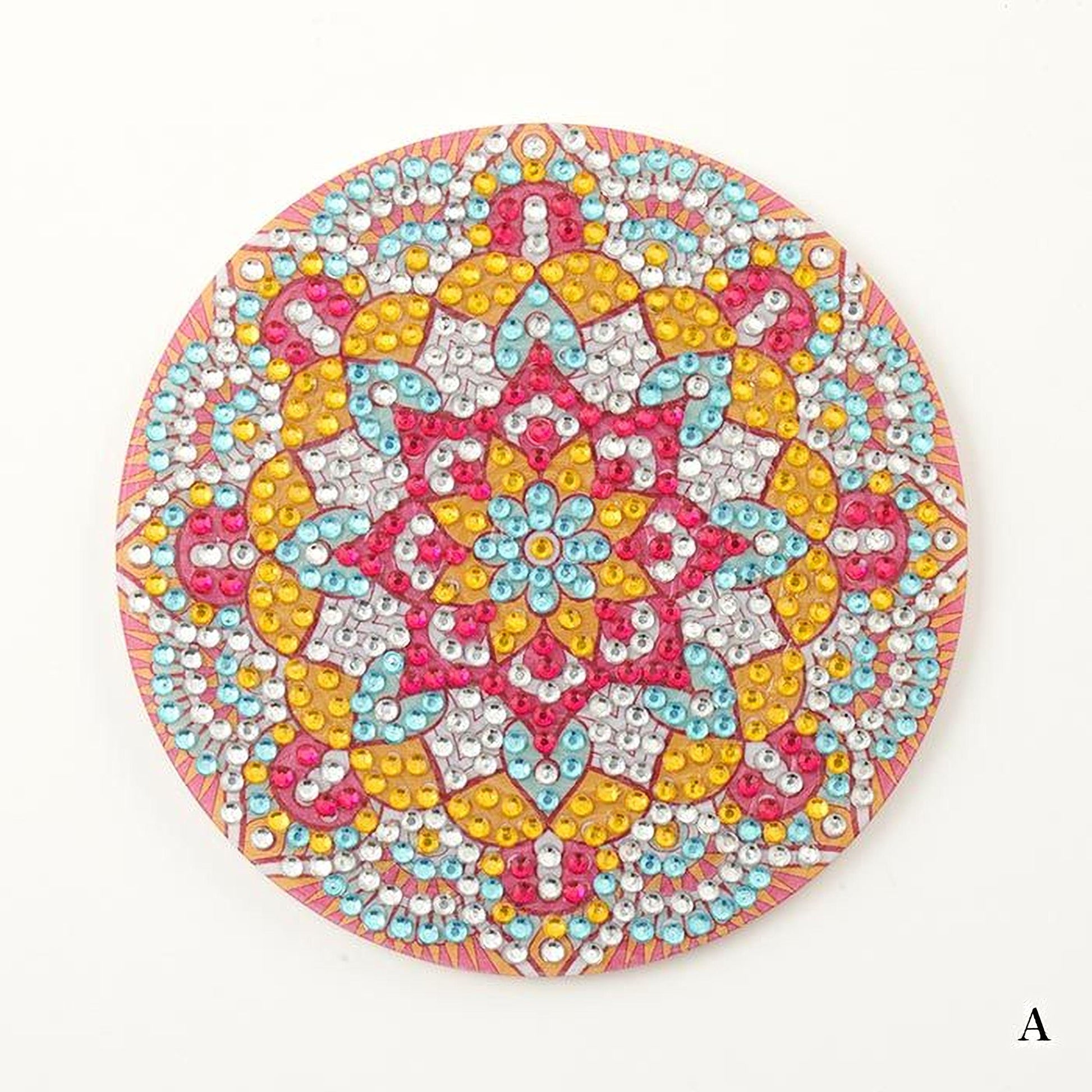 A colorful, intricate mandala-like design composed of various shapes, patterns, and colors, including shades of pink, yellow, blue, and white.