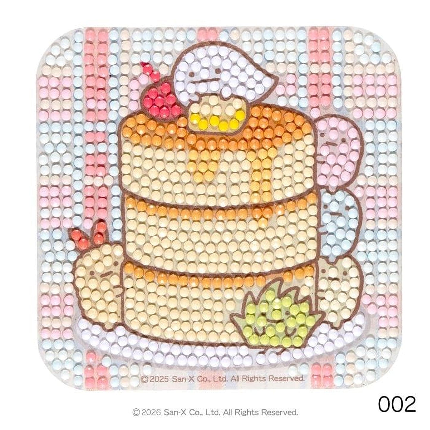 A colorful mosaic-style image depicting a stack of pancakes with various toppings, including a cherry and a green leaf.