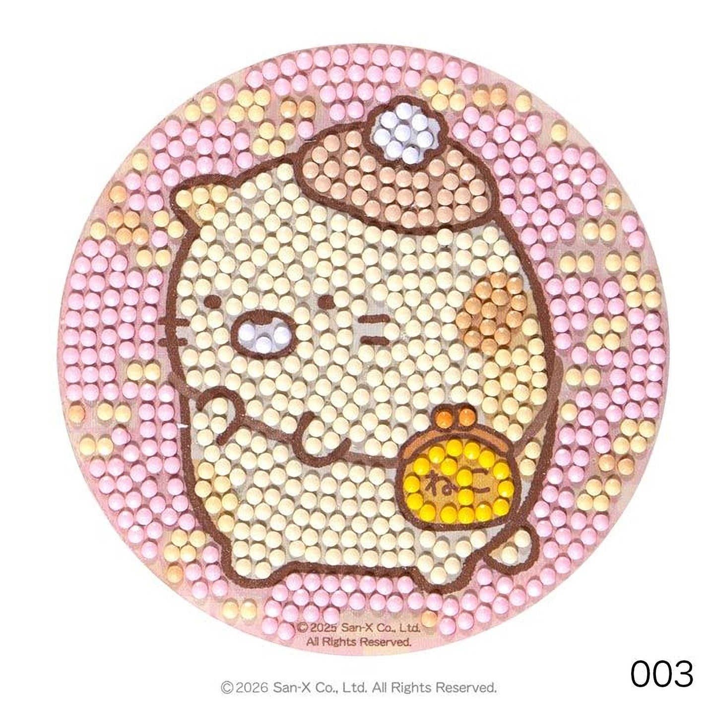 A circular design featuring a cartoon-like character made up of small dots in various colors, including pink, yellow, and brown.