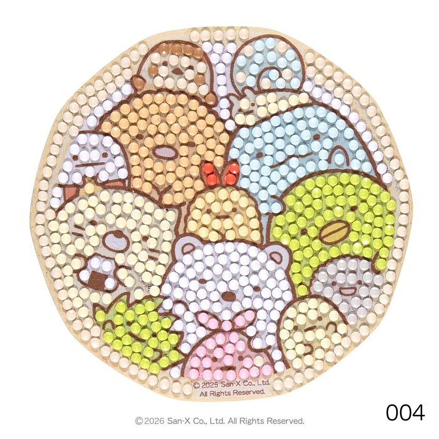 A circular arrangement of various cartoon animal characters, including bears, penguins, and other animals, all depicted with a mosaic-like pattern of small dots or beads.