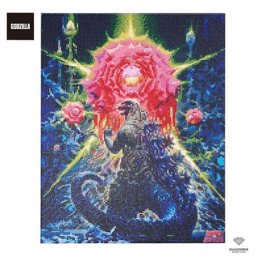 The image is a digital artwork depicting a large, colorful, and intricate depiction of a monster or dragon-like creature surrounded by various elements such as flowers, plants, and a bright, glowing aura.