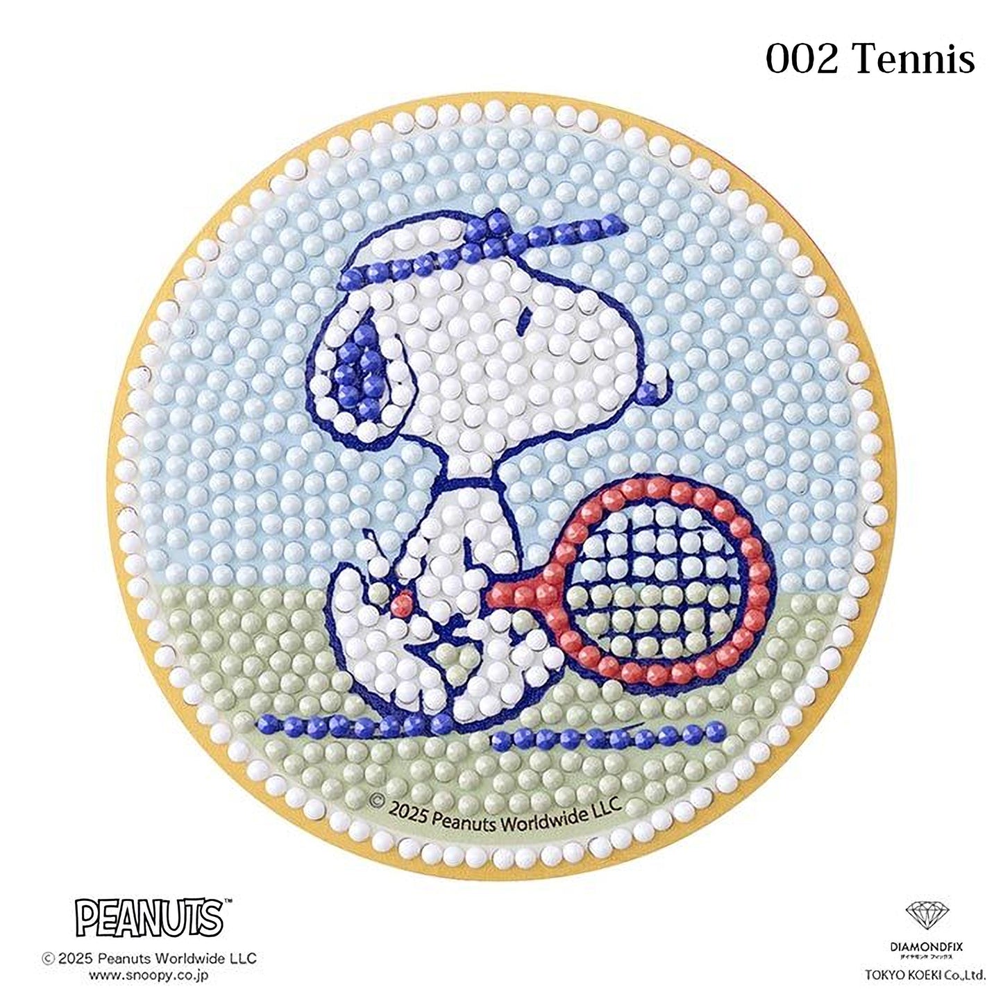 A circular design featuring a cartoon image of a character holding a tennis racket, surrounded by a pattern of small dots in various colors.