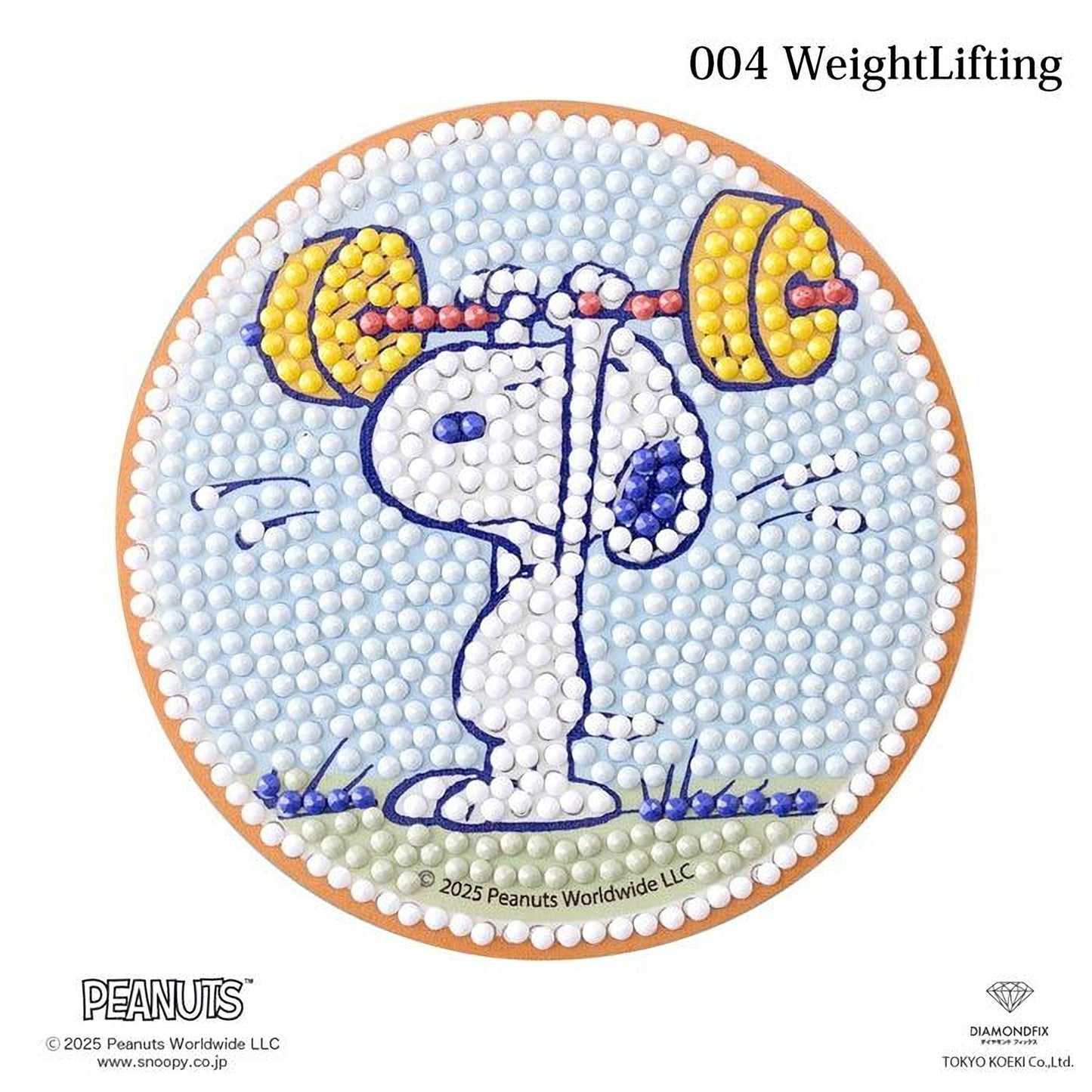 A circular design featuring a cartoon character lifting a weight, surrounded by a pattern of small dots in various colors.