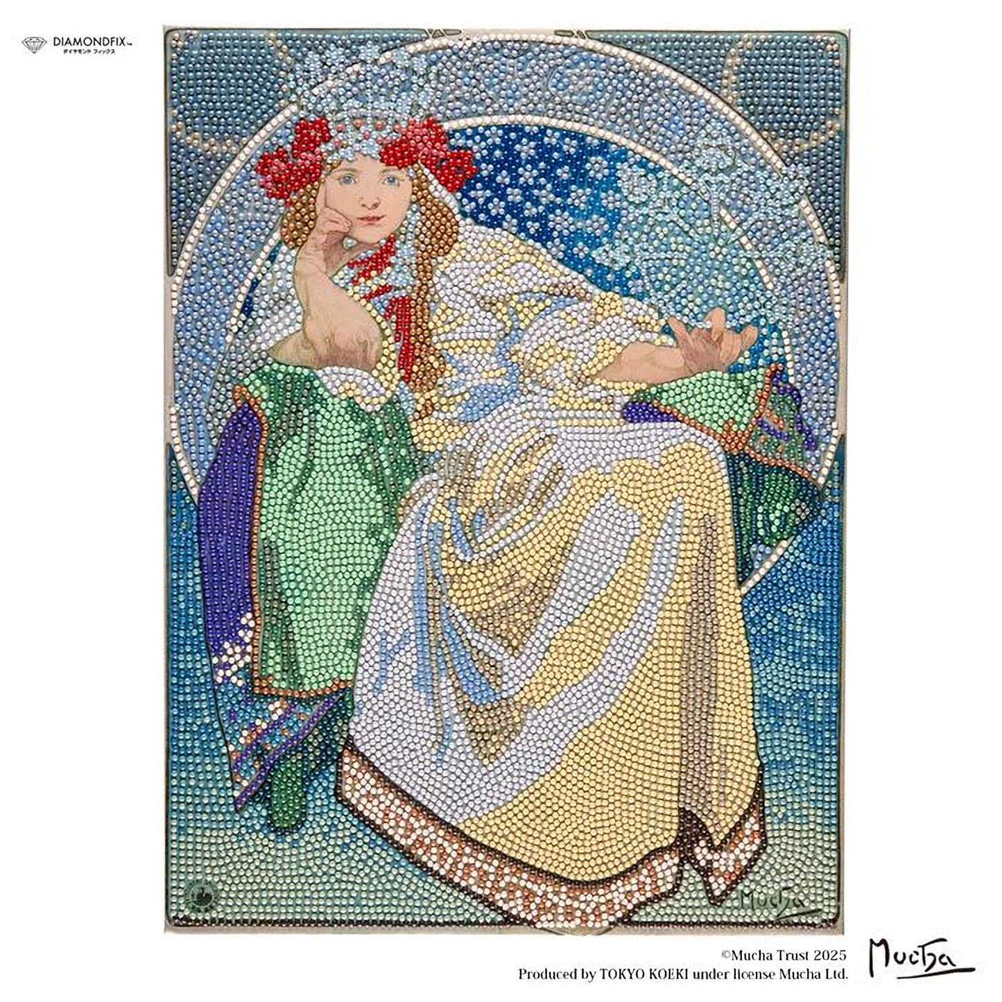 The image is a mosaic artwork depicting a woman in a colorful, ornate dress with a crown, sitting in a chair and holding a flower.