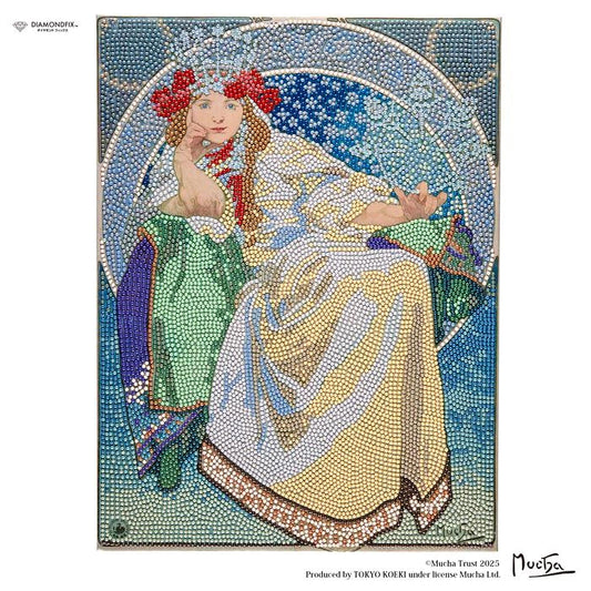 The image is a mosaic artwork depicting a woman in a colorful, ornate dress with a crown, sitting in a chair and holding a flower.