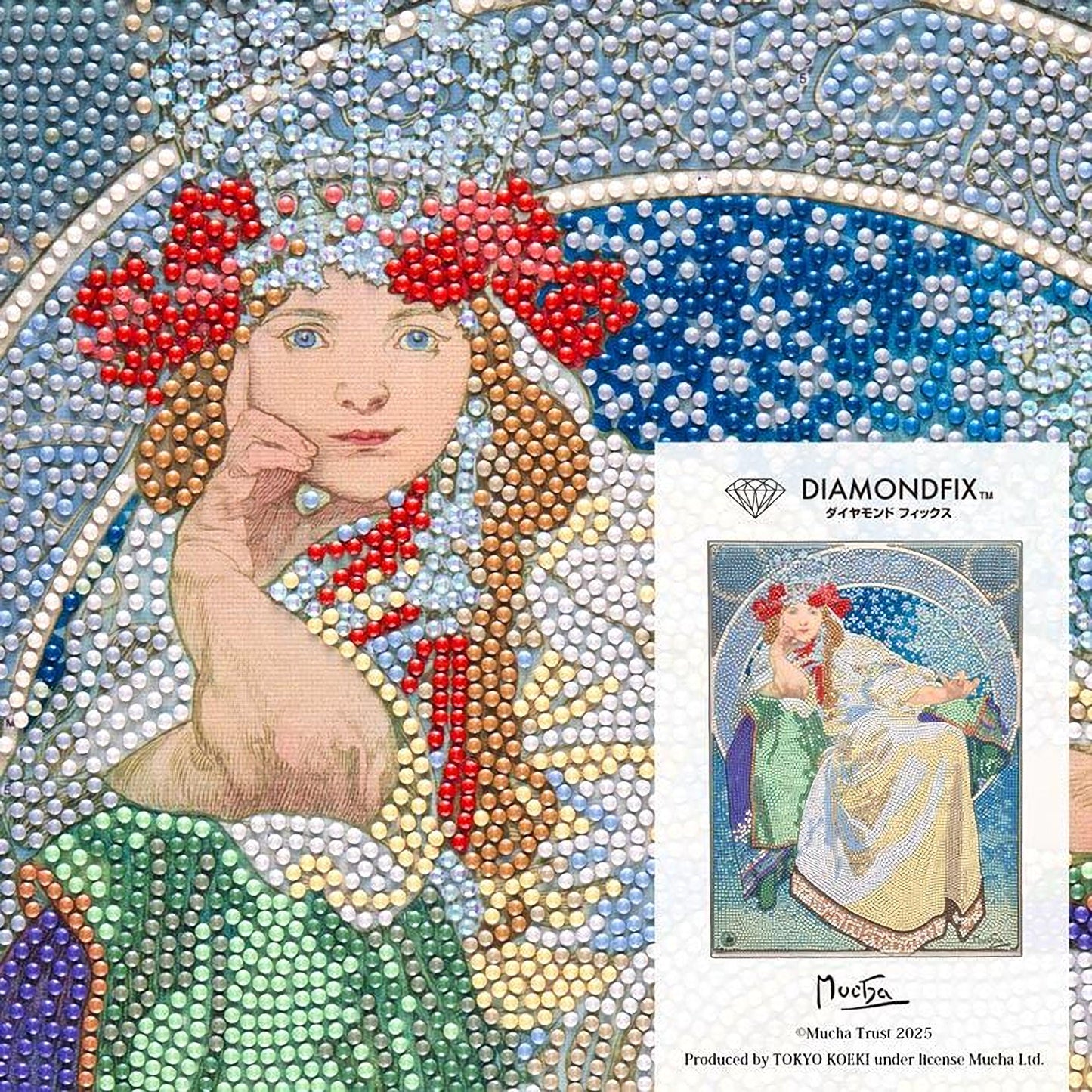 The image is a collage featuring a detailed illustration of a woman with a crown and red flowers, surrounded by a colorful mosaic of small dots in various colors.