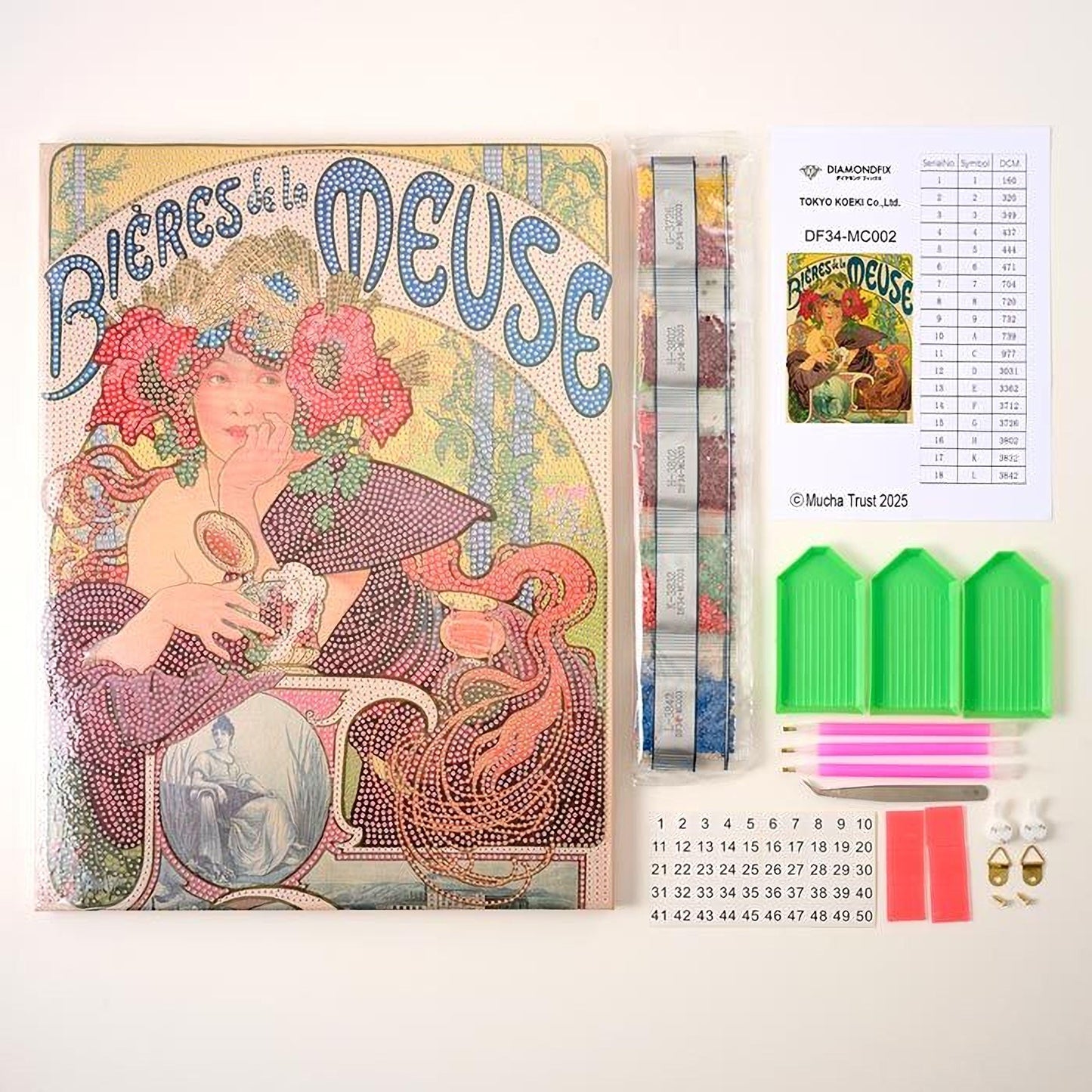 a book titled "BIÈRES DE LA MEUSE" with a colorful, vintage-style illustration of a woman, a diamond-like pattern, and a list of numbers. There are also some tools and materials, such as a book titled "DIAMONDOPLUS" and a list of numbers, a diamond-like pattern, and a list of numbers. The image also includes a calendar with numbers and a list of numbers.