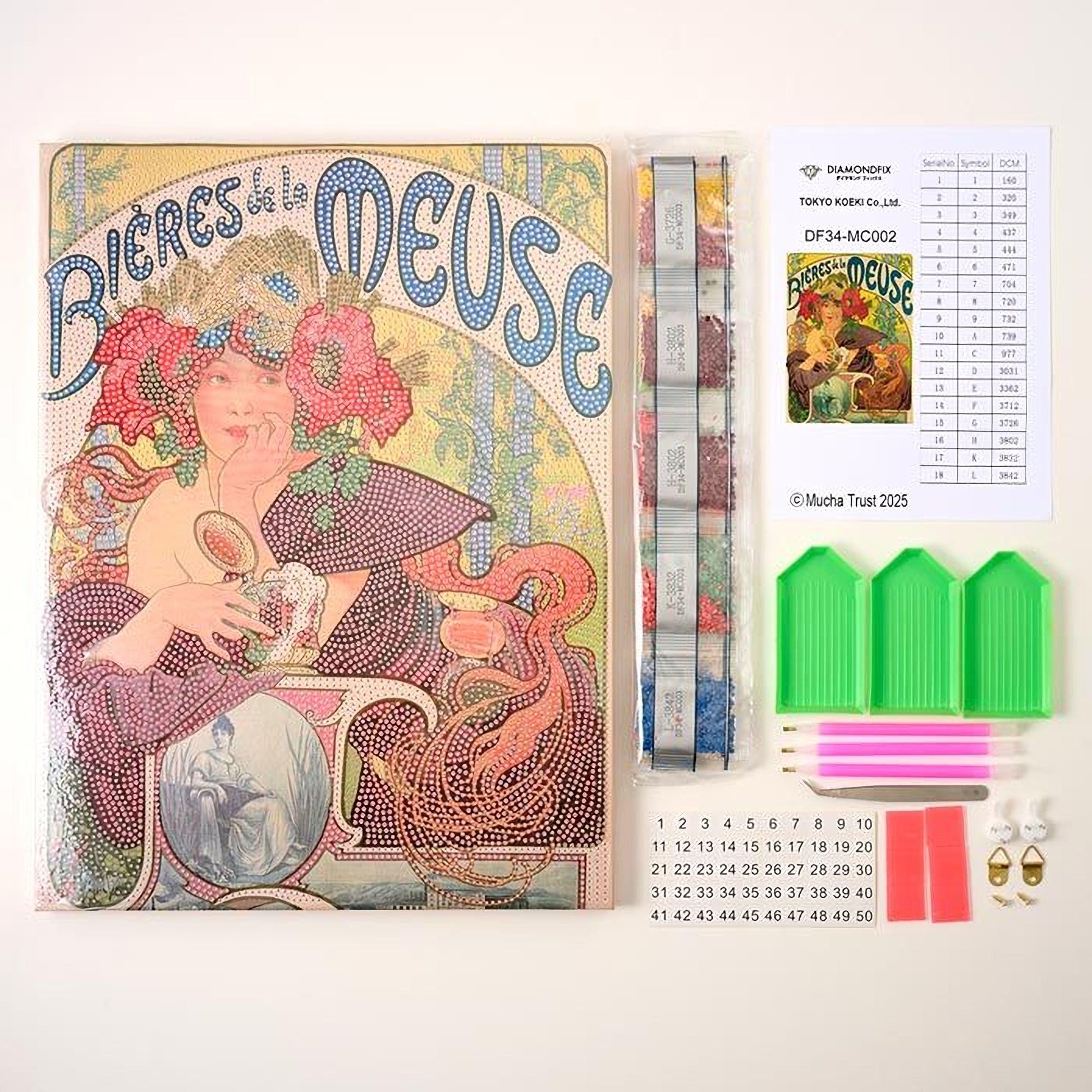 a book titled "BIÈRES DE LA MEUSE" with a colorful, vintage-style illustration of a woman, a diamond-like pattern, and a list of numbers. There are also some tools and materials, such as a book titled "DIAMONDOPLUS" and a list of numbers, a diamond-like pattern, and a list of numbers. The image also includes a calendar with numbers and a list of numbers.