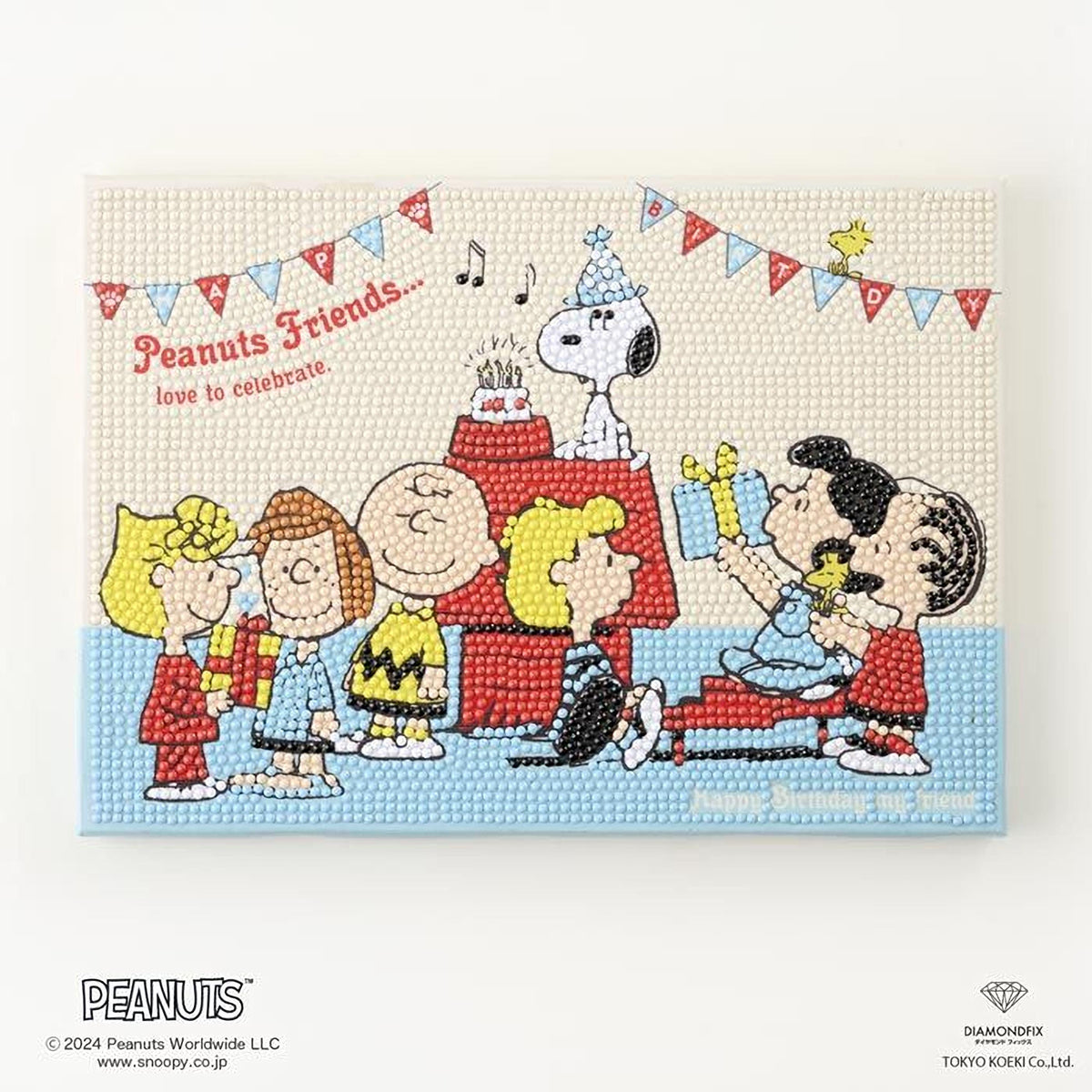 Peanuts Friends celebrating a birthday, with characters such as Charlie Brown, Snoopy, and Peanuts gathered around a birthday cake.