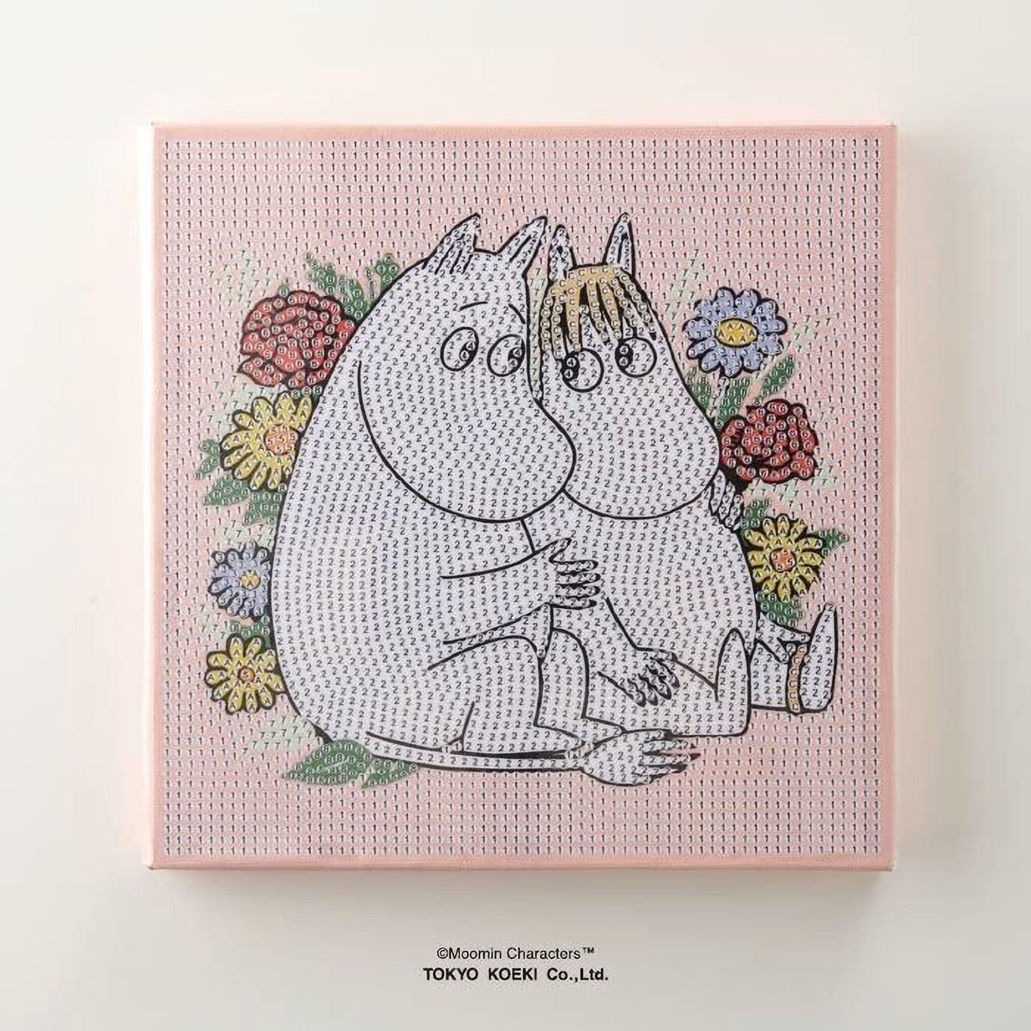 two anthropomorphic animals, possibly Moomin characters, sitting together and surrounded by flowers.