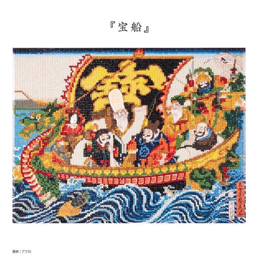 The image is a colorful, intricate embroidered or cross-stitched artwork depicting a traditional Japanese scene with various characters and figures.