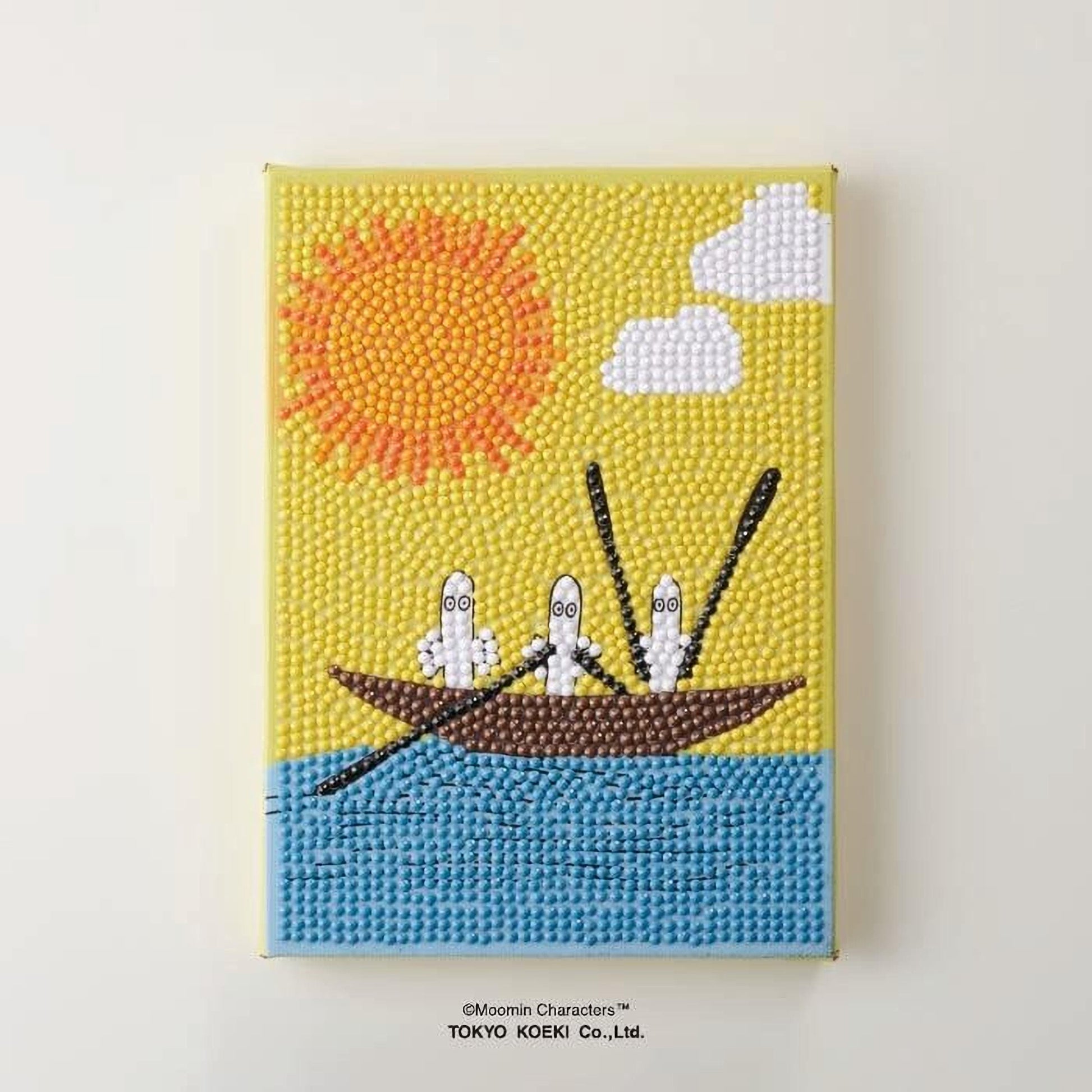 The image is a vibrant, hand-painted canvas depicting a boat with two ghostly figures rowing on a blue body of water, set against a yellow and orange background with a sun and clouds.