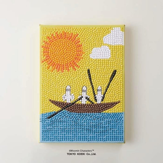 The image is a vibrant, hand-painted canvas depicting a boat with two ghostly figures rowing on a blue body of water, set against a yellow and orange background with a sun and clouds.