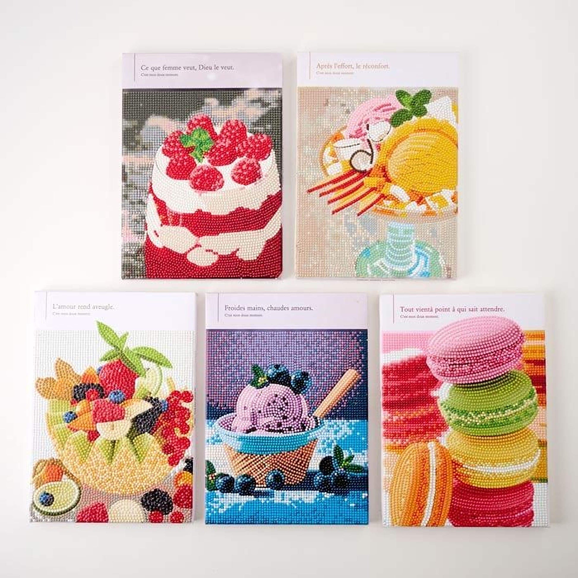 five colorful and vibrant images of desserts, including cakes, macarons, and fruit-topped pastries.