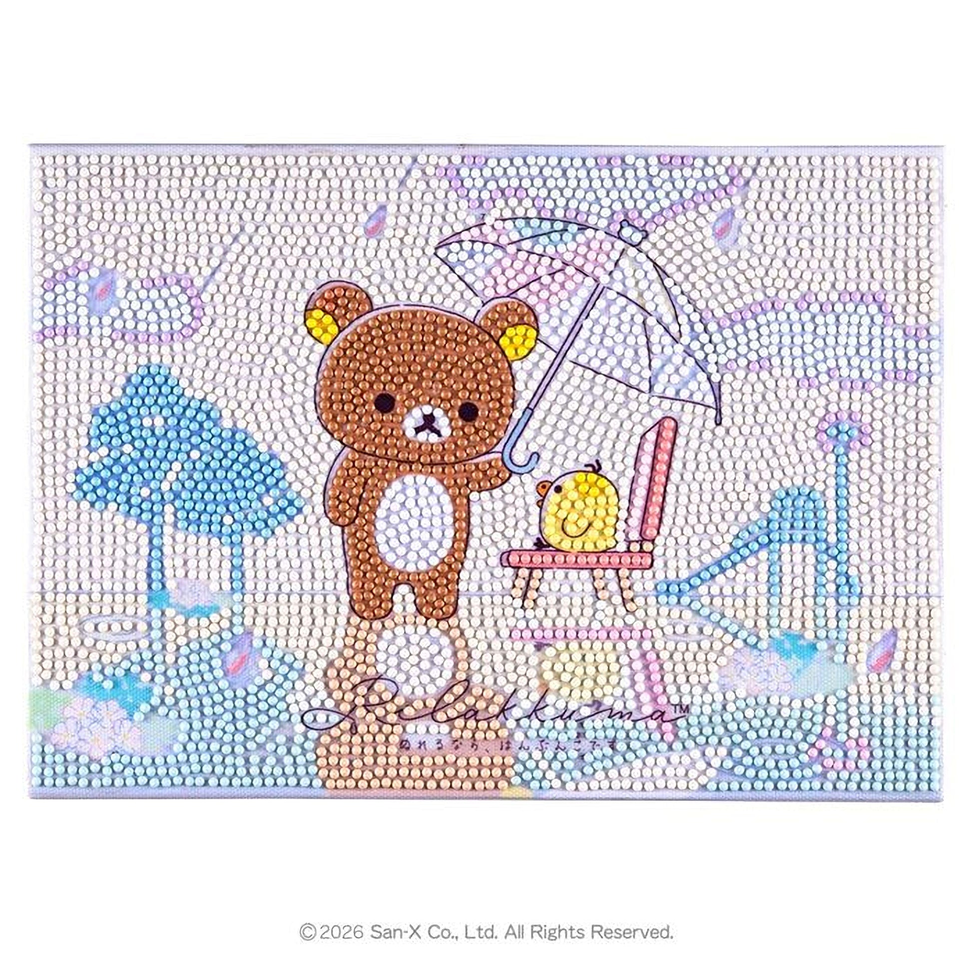 A diamond-studded painting depicting a brown bear holding an umbrella and a yellow bird, with a background of various objects and a text that reads "SanX Co., Ltd. All Rights Reserved".