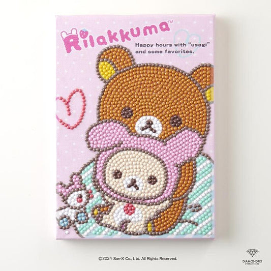 The image is a canvas featuring a pink background with a cartoon-style illustration of two teddy bears, one larger and one smaller, wearing hats and sitting together.
