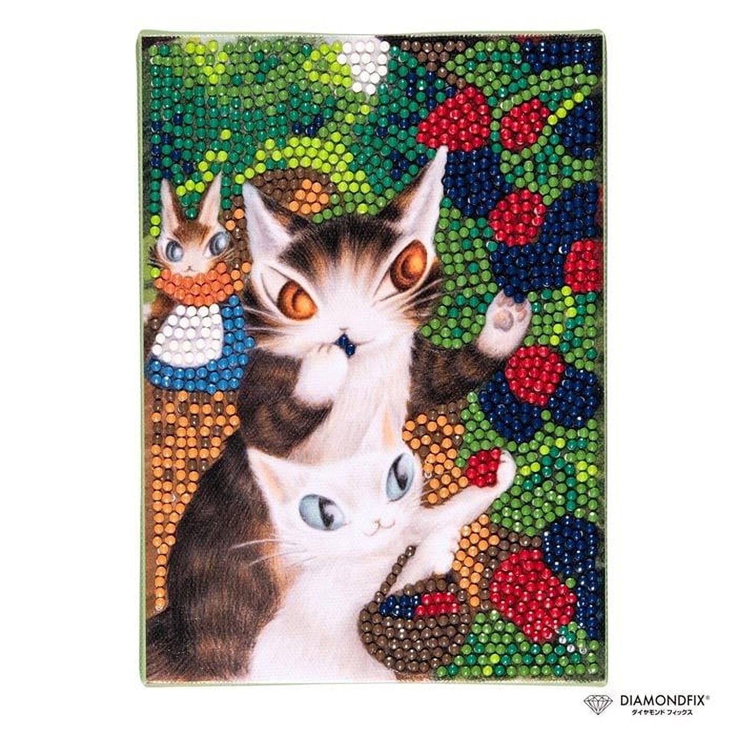 A collage of three images featuring cats and berries, with the cats wearing colorful outfits and surrounded by a vibrant, textured background of berries and leaves.