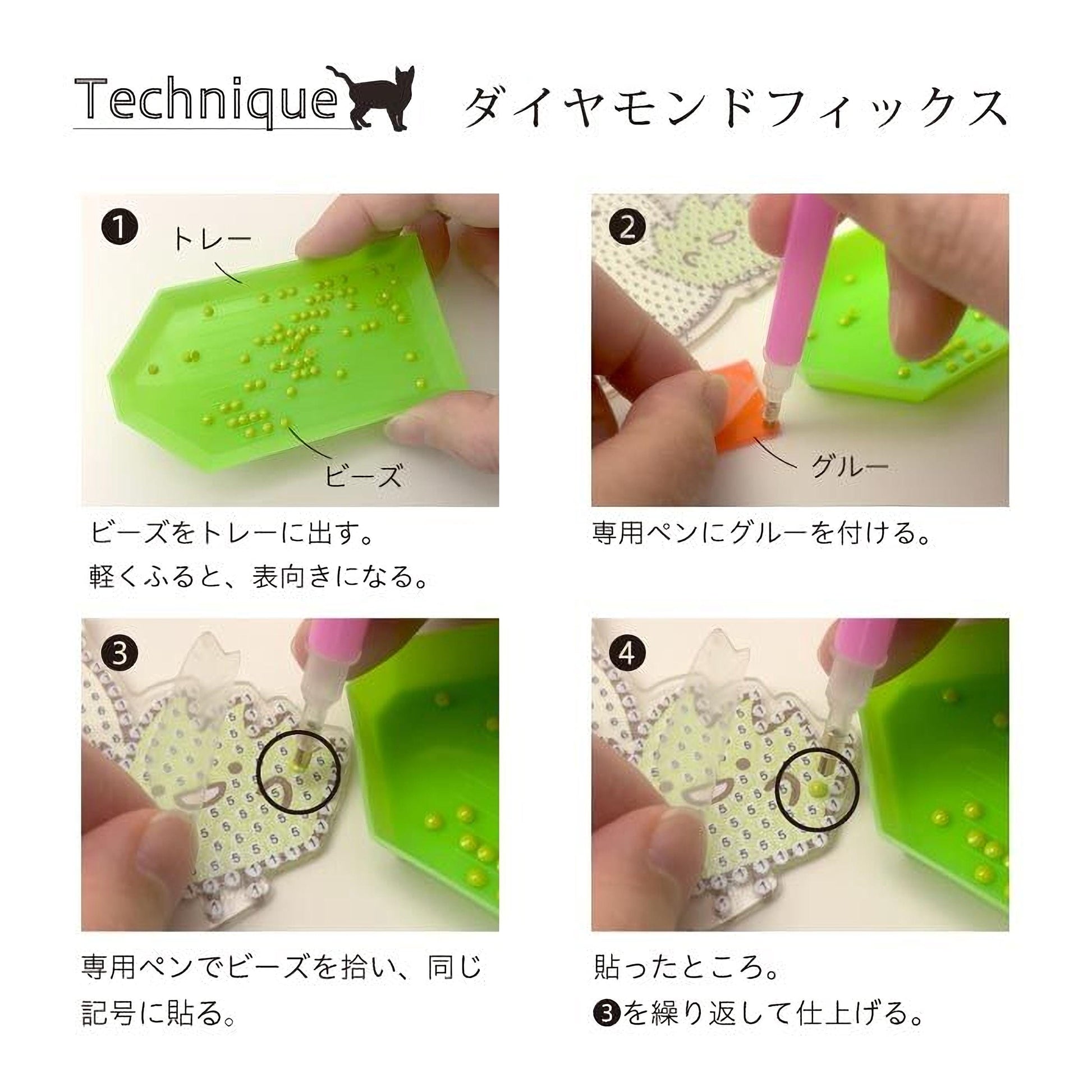The image is a step-by-step guide on how to use a green and yellow tool to create a pattern on a surface, with accompanying images showing the process.