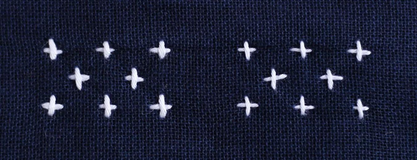a close-up view of a dark blue fabric with white cross stitches arranged in a grid pattern.