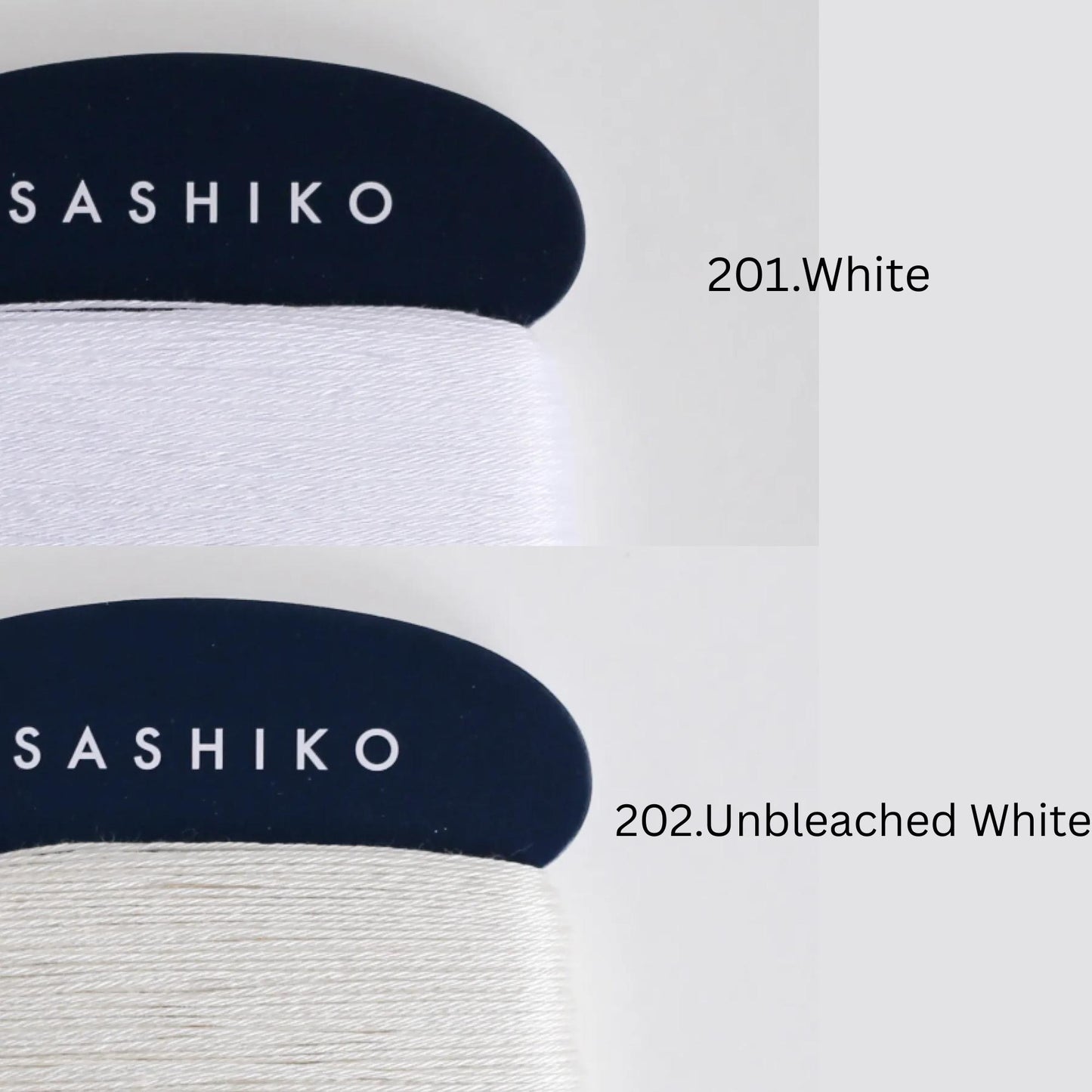 two spools of thread, one in white and one in a darker shade of blue, with text indicating the color of the thread.