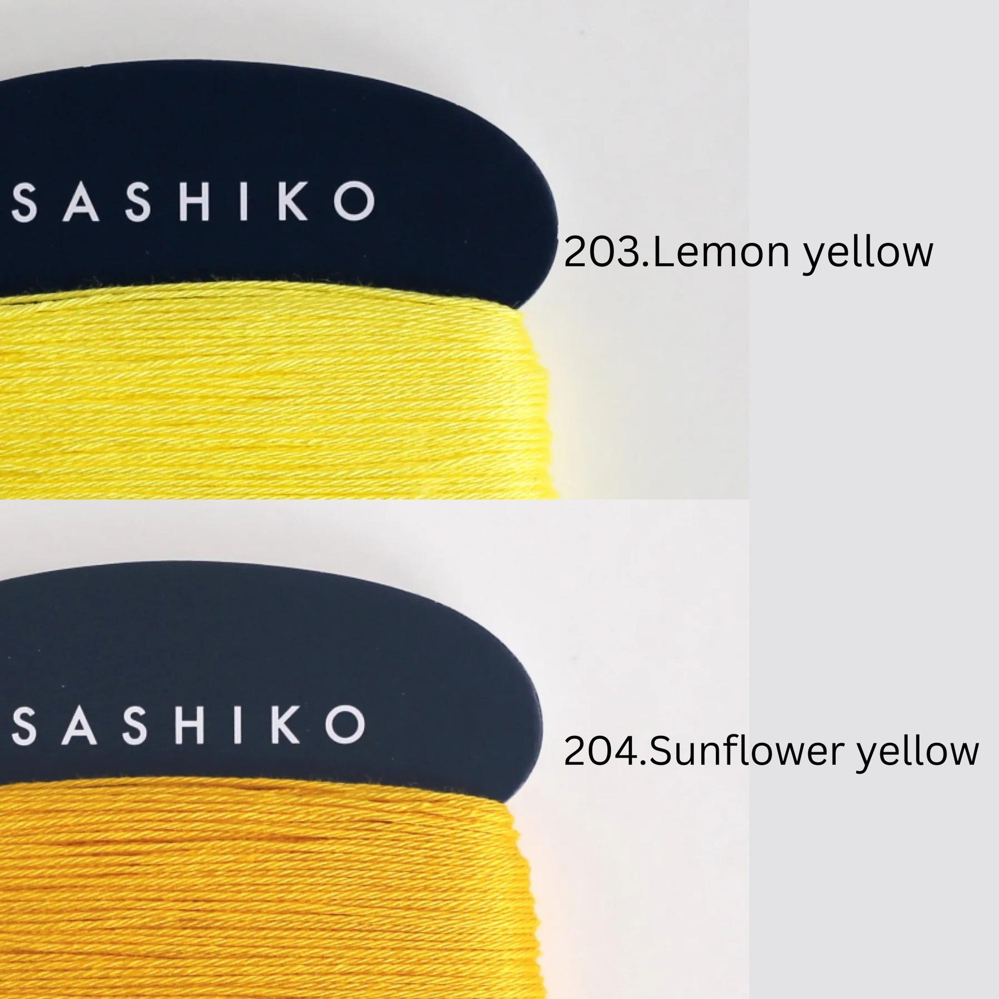 two spools of thread, one with a yellow thread and the other with a lemon yellow thread. The text above the spools indicates the color of the thread, with "SASHIKO" on the left and "203.Lemon yellow" on the right.