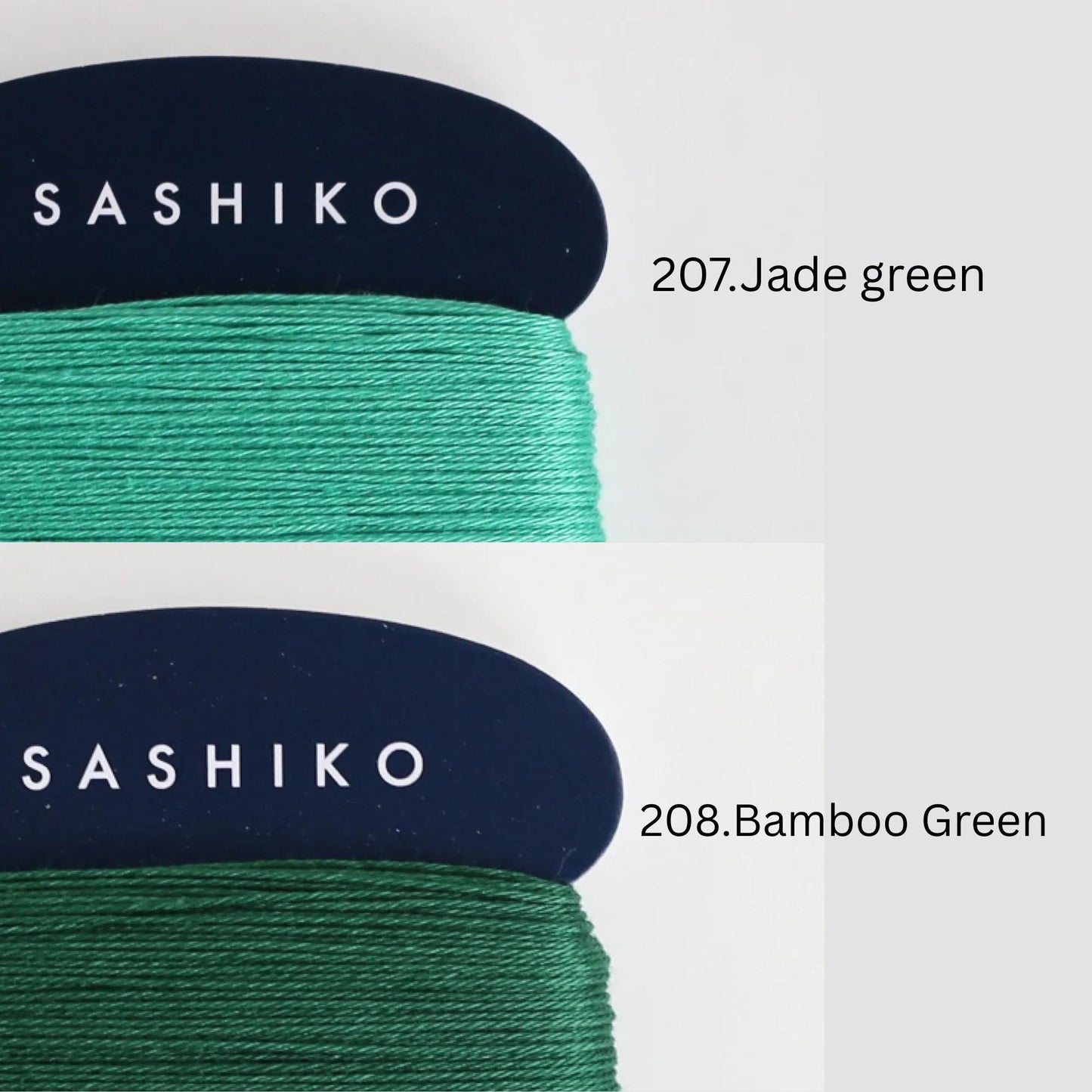 two spools of thread, each with a different color: green and blue. The spools are labeled with the brand name "SASHIKO" and the color of the thread, as well as the type of thread, which is bamboo green.
