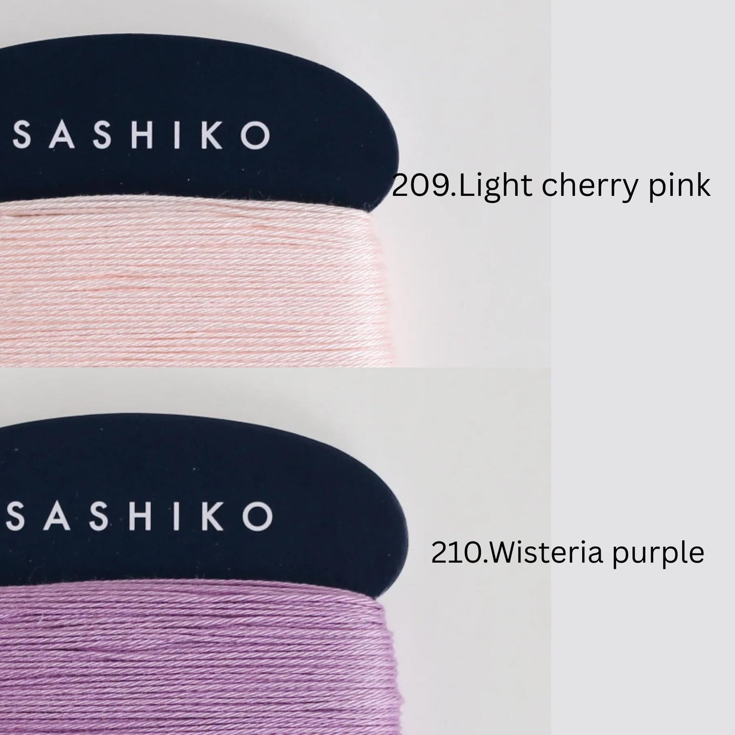 two spools of thread, each with a different color: one is a light pink color and the other is a darker purple color. The text above the spools indicates the color of the thread, with "209.Light cherry pink" on the left and "210.Wisteria purple" on the right.