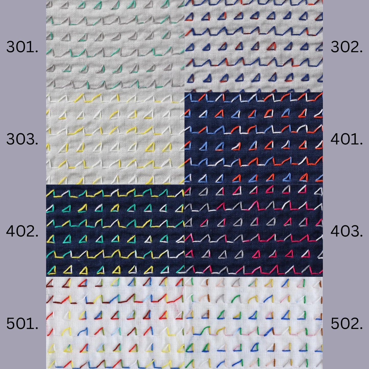 The image is a collage of six different fabric swatches, each with a unique pattern and color scheme. The swatches are arranged in a grid format, with each row containing three swatches. The swatches are labeled with numbers from 301 to 506, indicating their respective positions in the collage.