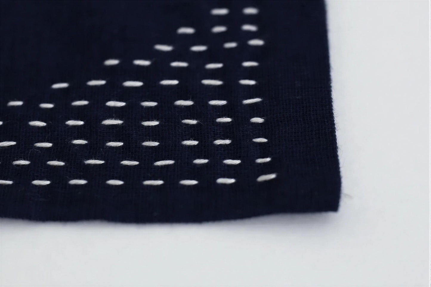 A close-up view of a dark fabric with white stitching, creating a patterned design.