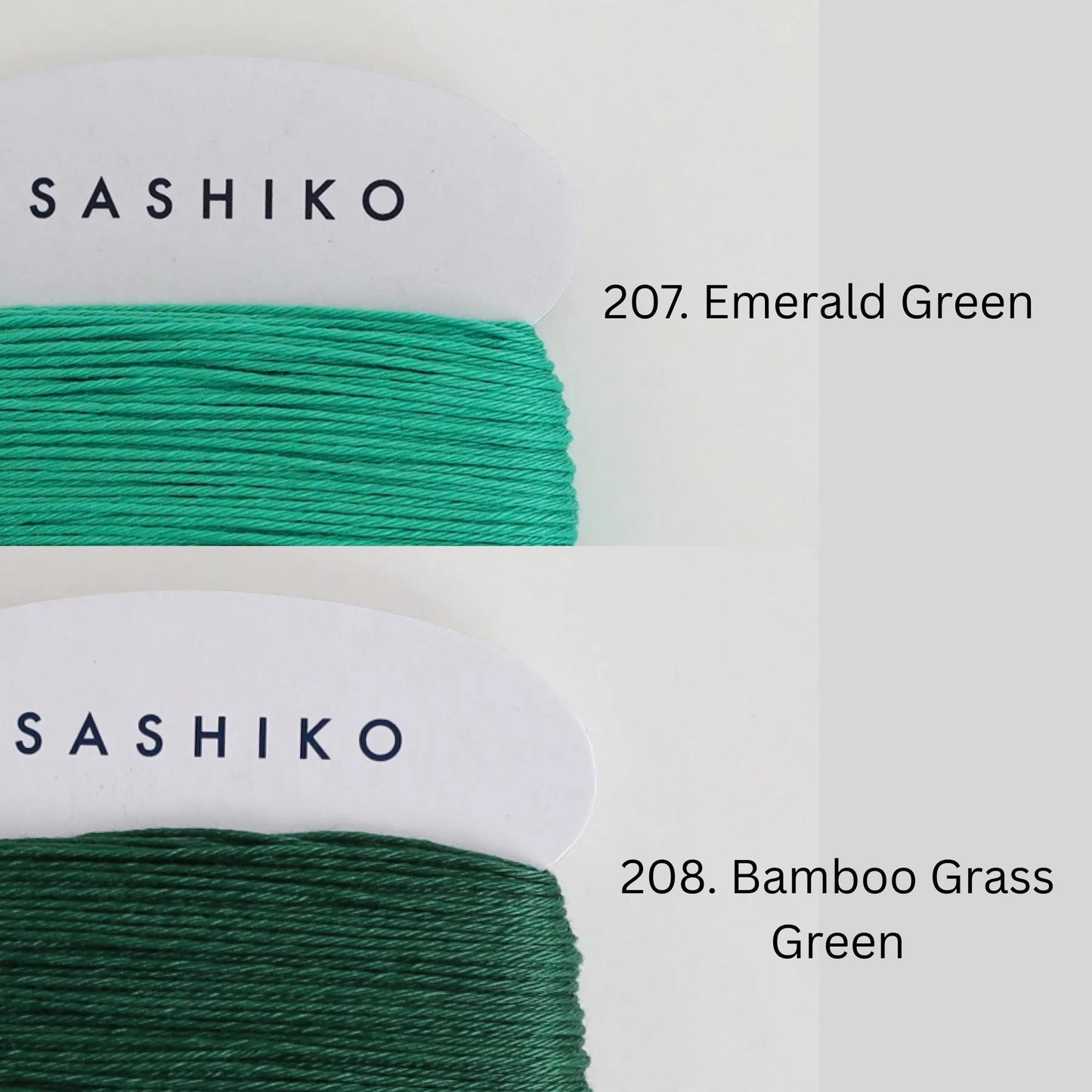 two spools of thread, each with a different color: green and green. The text above the spools indicates the color of the thread, with "SASHIKO" on the green thread and "207. Emerald Green" on the green thread. The text below the spools indicates the type of thread, with " 208. Bamboo Grass Green" on the green thread and "207. Emerald Green" on the green thread.