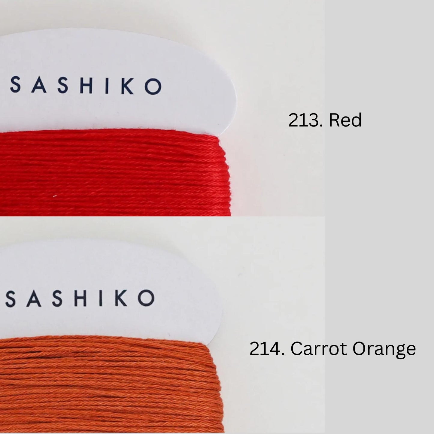 two spools of thread, one with a red color and the other with a carrot orange color. The spools are labeled with the names of the colors, and there is a text next to each spool indicating the color.