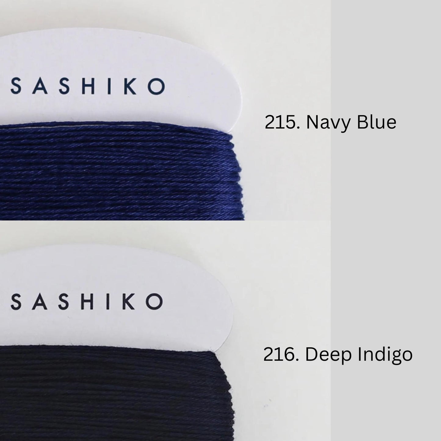 two spools of thread, each with a different color: navy blue and navy blue navy blue. The text above the spools indicates the color of the thread, with "SASHIKO" on the left and "215. Navy Blue" on the right. The text below the spools indicates the type of thread, with "SASHIKO" on the left and "216. Deep Indigo" on the right.