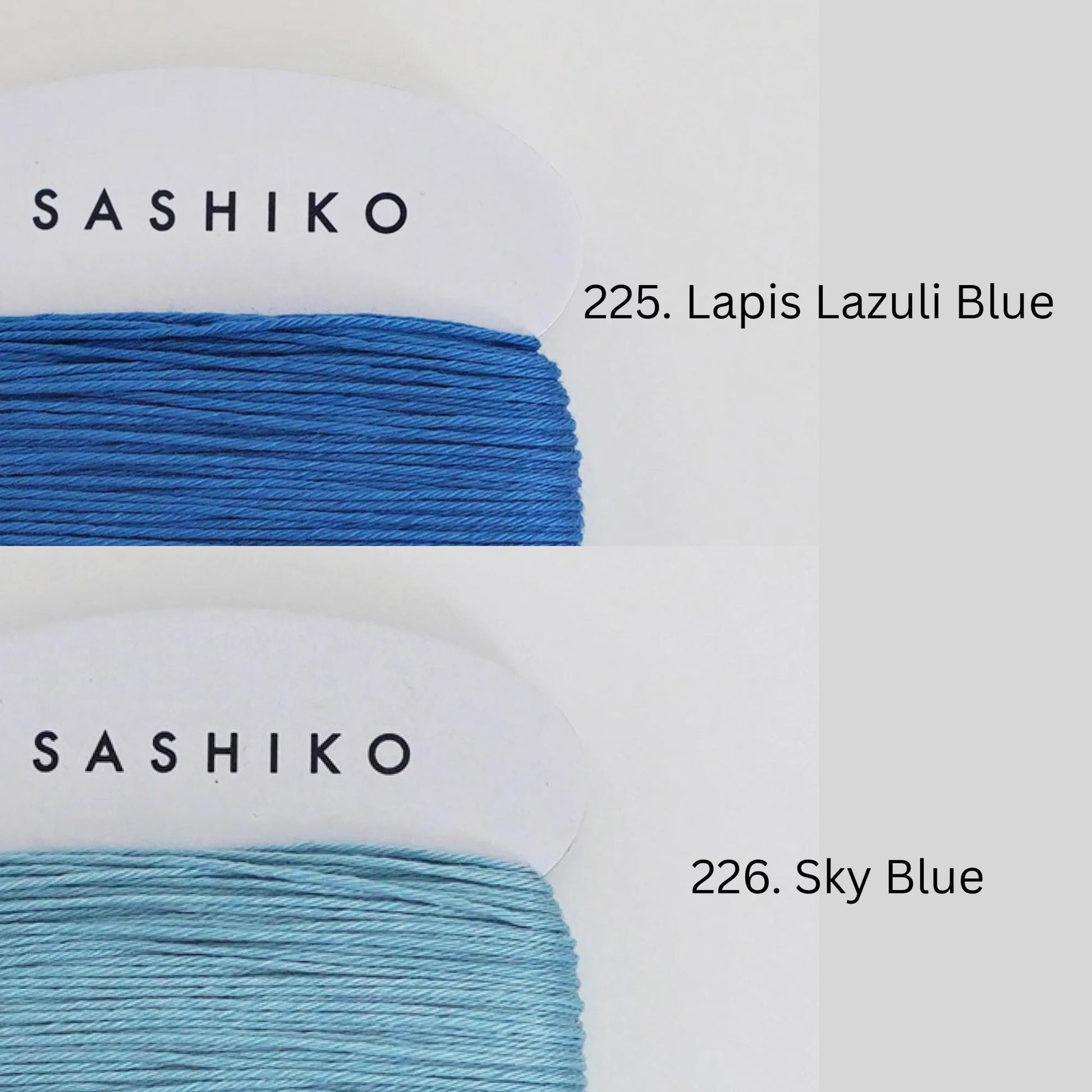 two spools of thread, each with a different color: blue and sky blue. The blue thread is labeled as "SASHIKO" and the sky blue thread is labeled as "226. Sky Blue".
