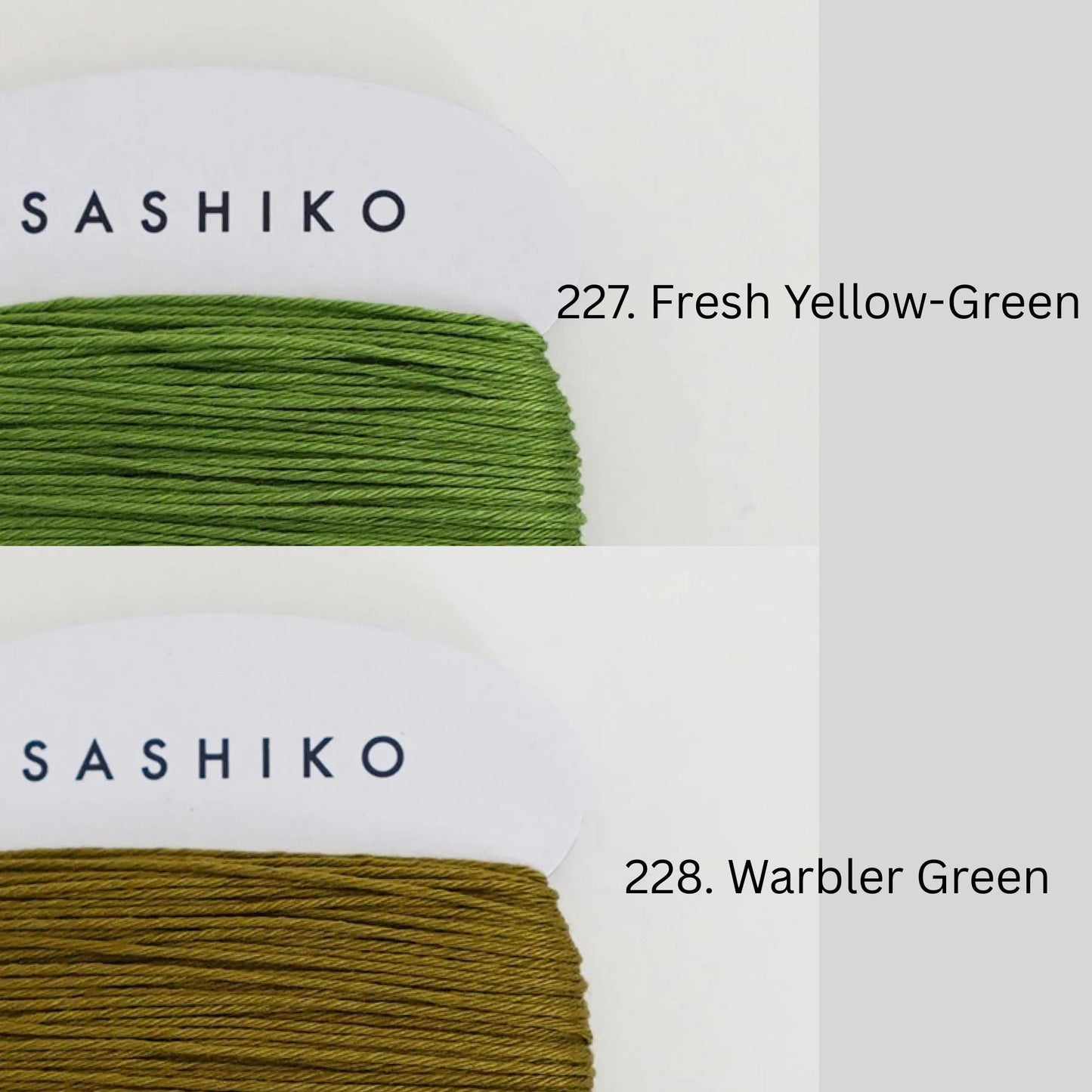 two spools of thread, one with a green color and the other with a yellow-green color. The text labels the spools with the names of the colors they contain.